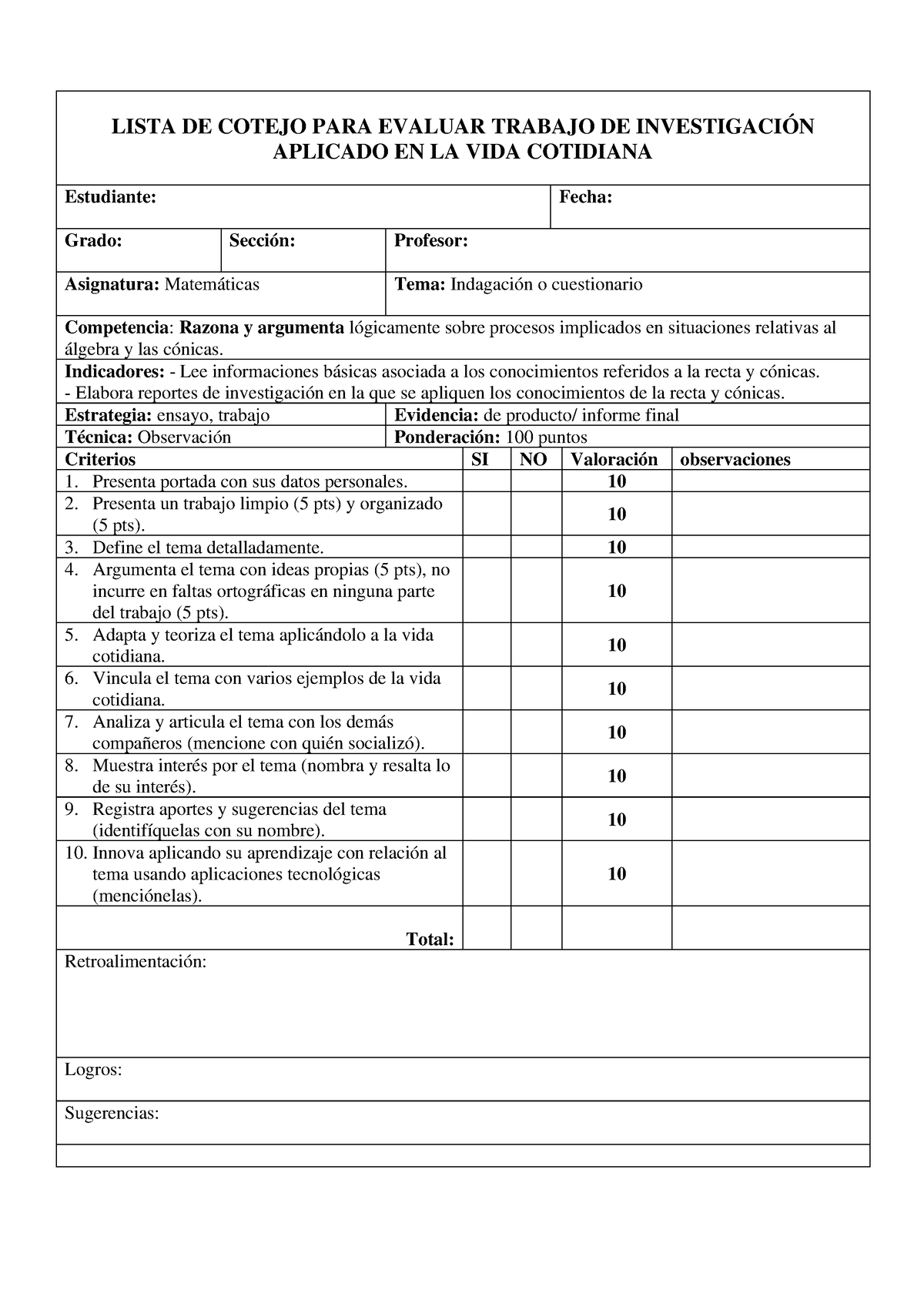 Lista De Cotejo Para Evaluar Trabajo De Investigación Lista De Cotejo Para Evaluar Trabajo De