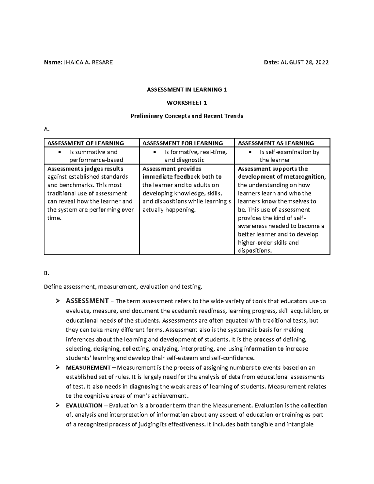 Assessment IN Learning 1 - Module 1 - Name: JHAICA A. RESARE Date ...
