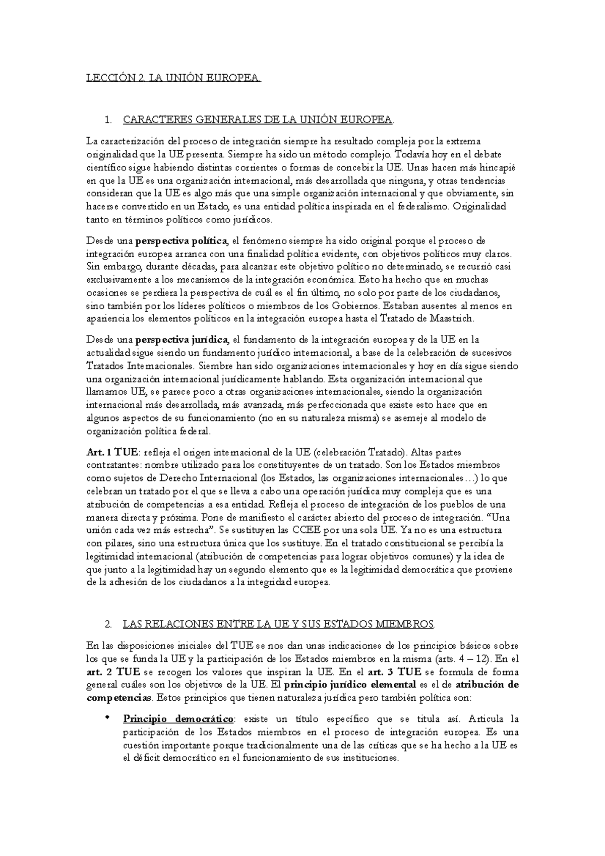 TEMA 2 - Apuntes Derecho UE Prof. Norberto - LECCIÓN 2. LA UNIÓN ...