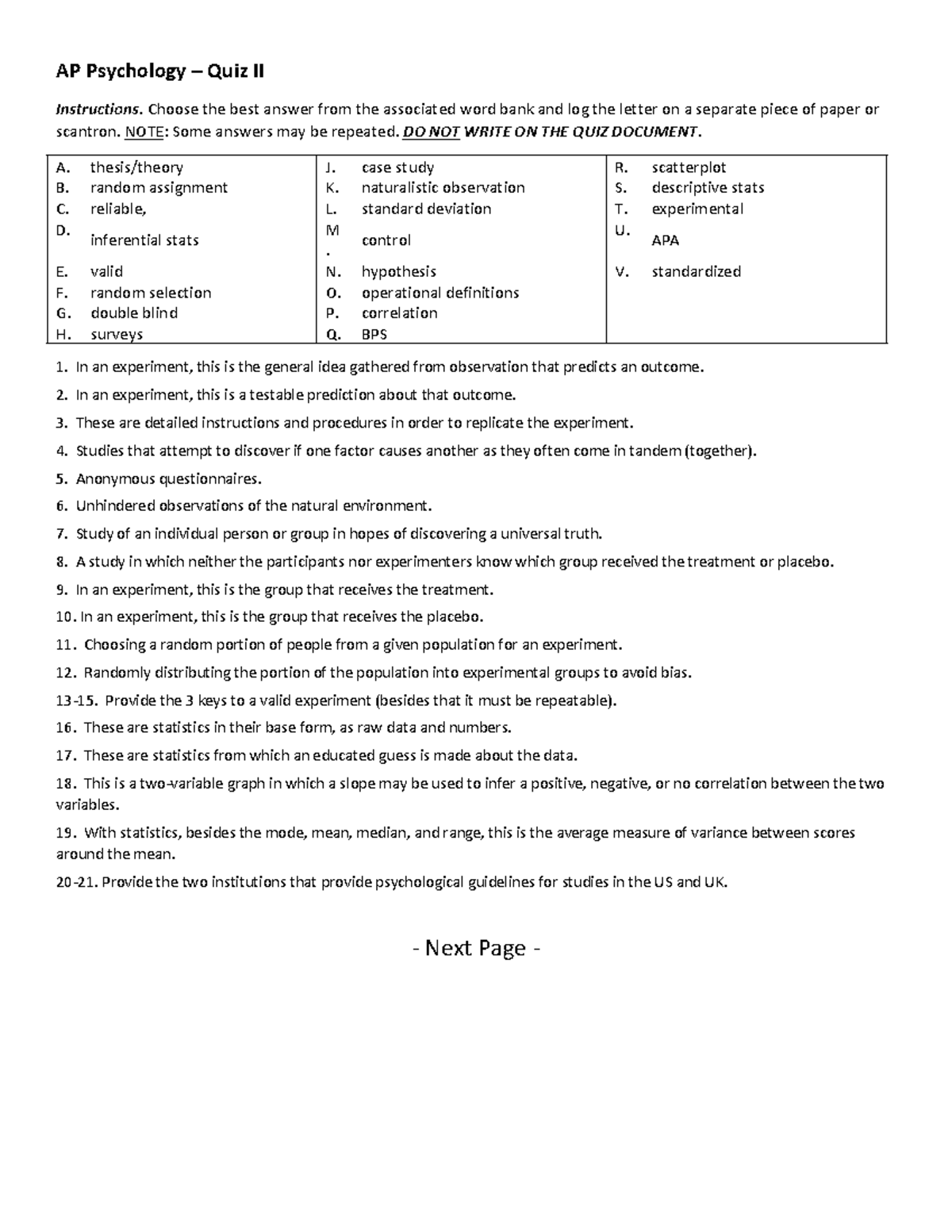 Unit 1 Part 2 Test - Uploading For Access - AP Psychology – Quiz II ...