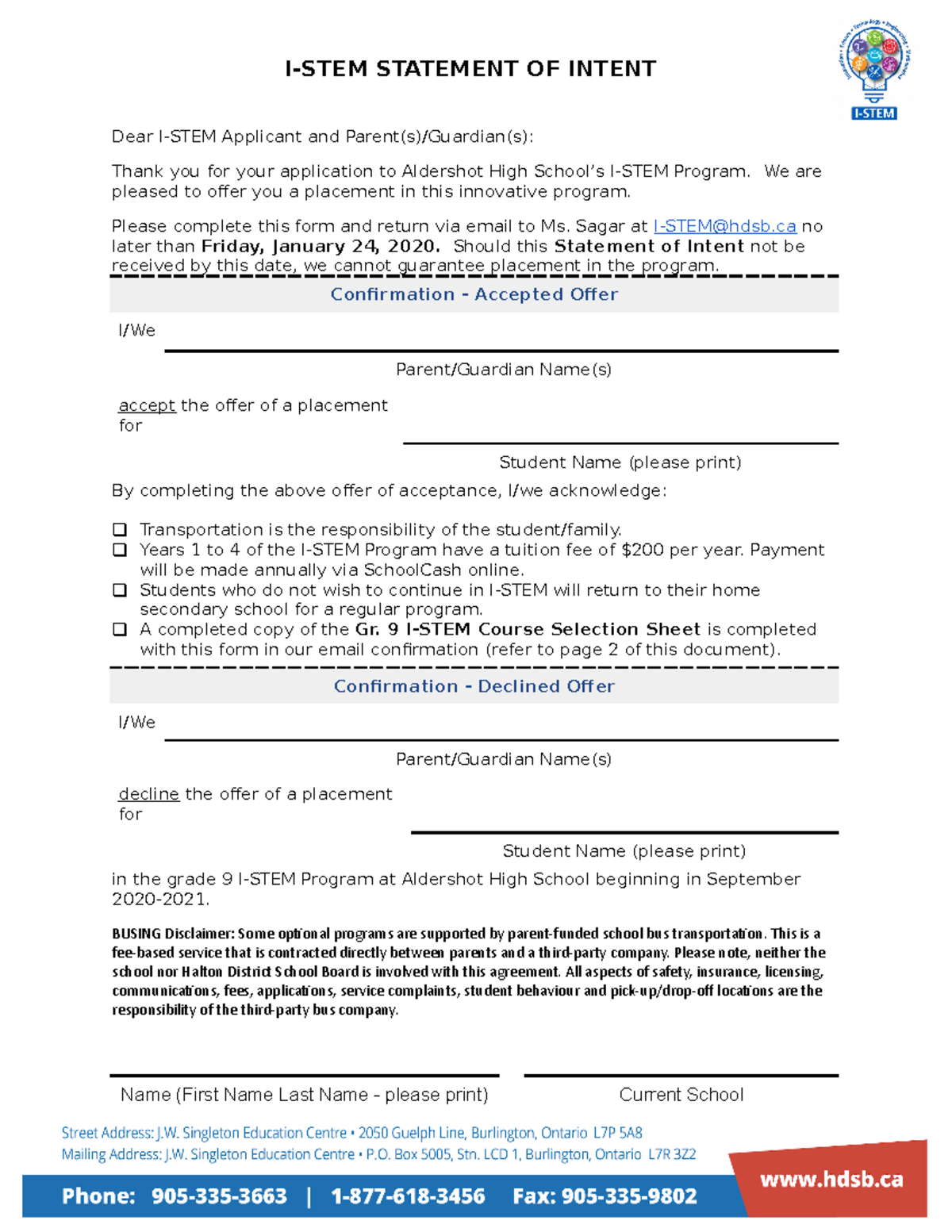 ISTEM Statement of Intent ISTEM STATEMENT OF INTENT Dear ISTEM