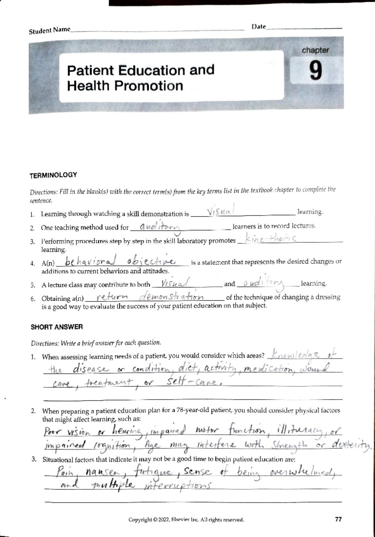 Ch09 Study Guide Fundamental of nursing 6th Williams - Student Name ...