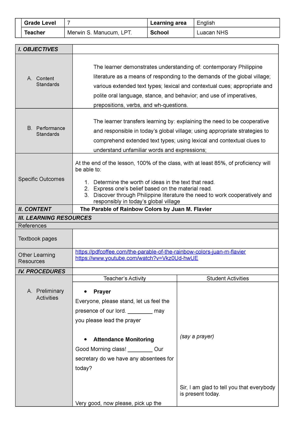 Lesson plan demo Junior - Grade Level 7 Learning area English Teacher ...