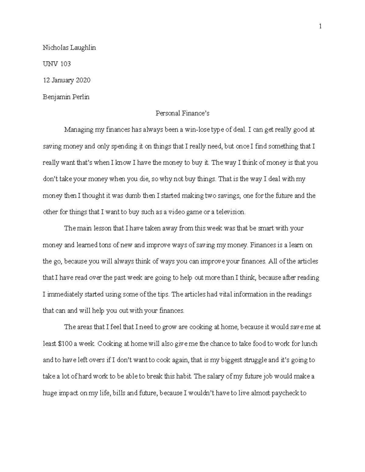 Personal Finance Basics Nicholas Laughlin UNV 103 12 January 2020