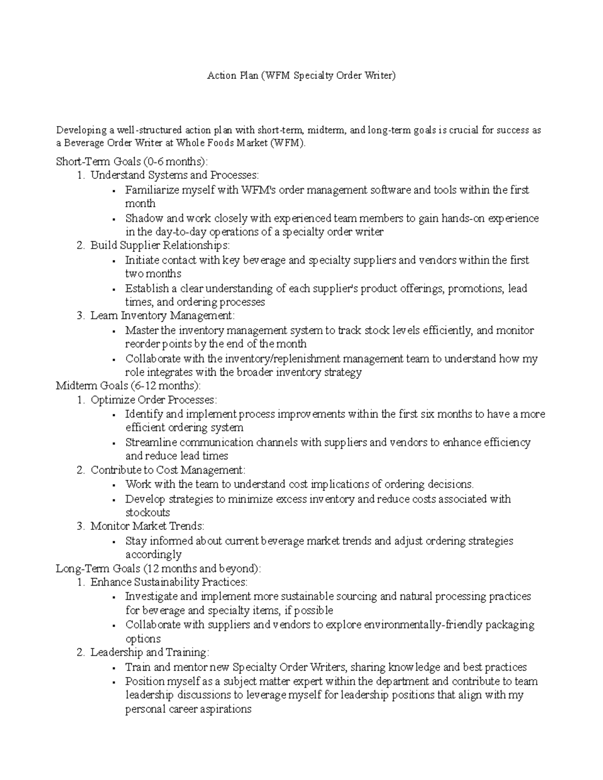 Action Plan WFM Order Writer - Action Plan (WFM Specialty Order Writer ...