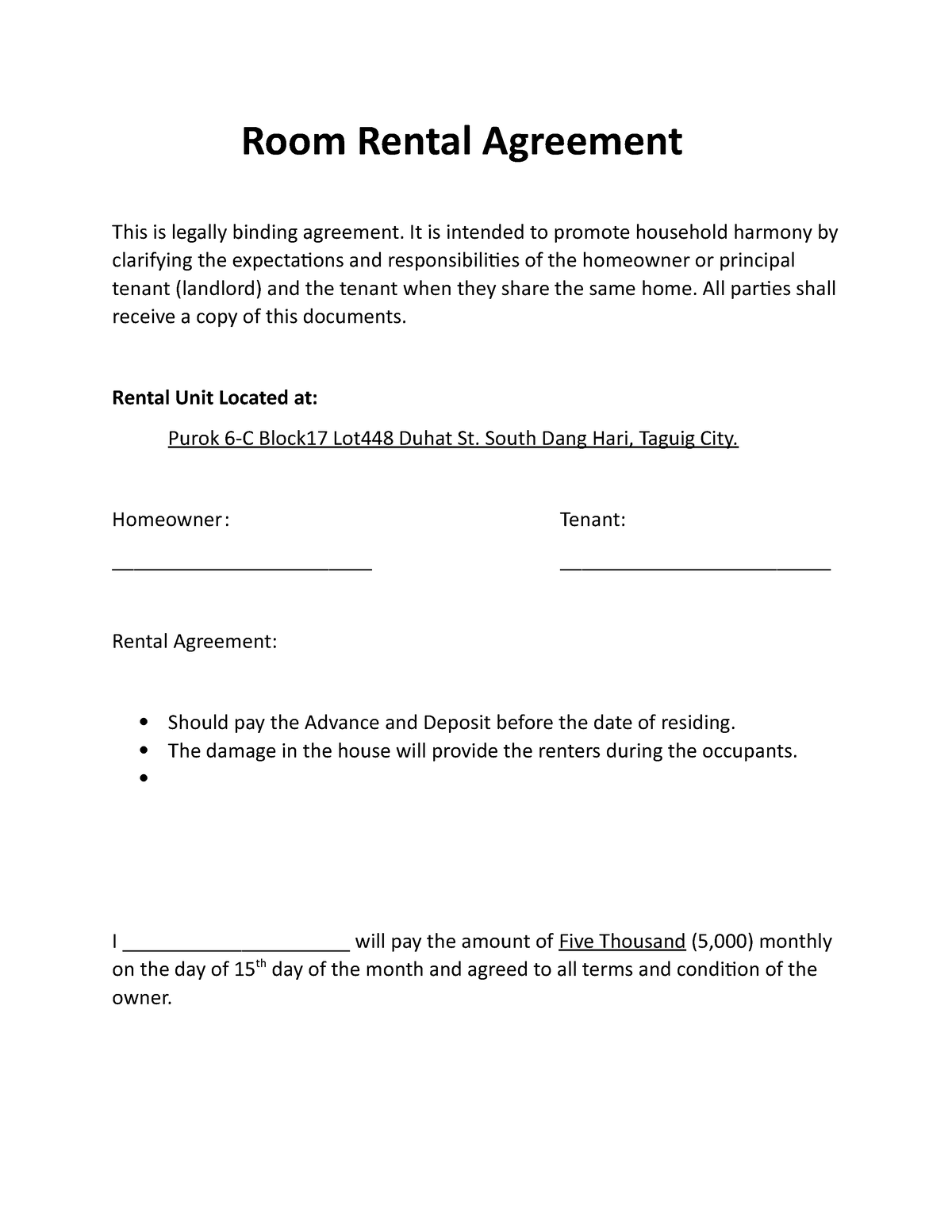 Room Rental Agreement (Auto Recovered) - Room Rental Agreement This is ...