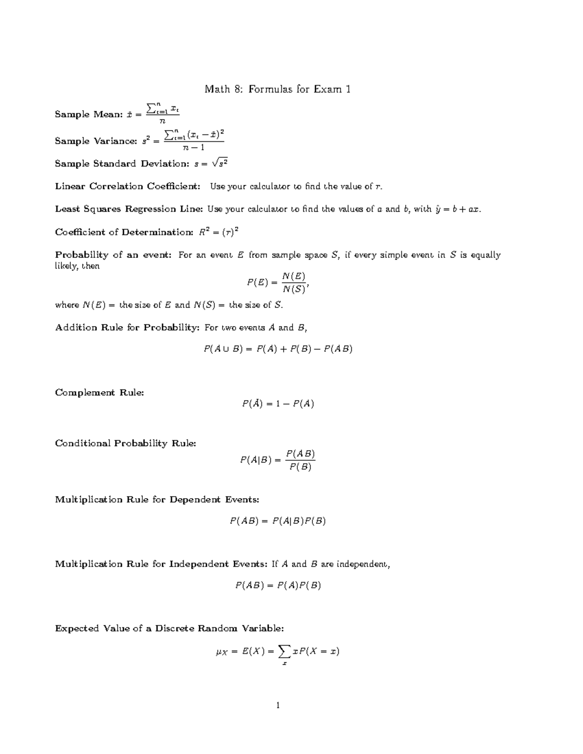 Grade 8 Formulas