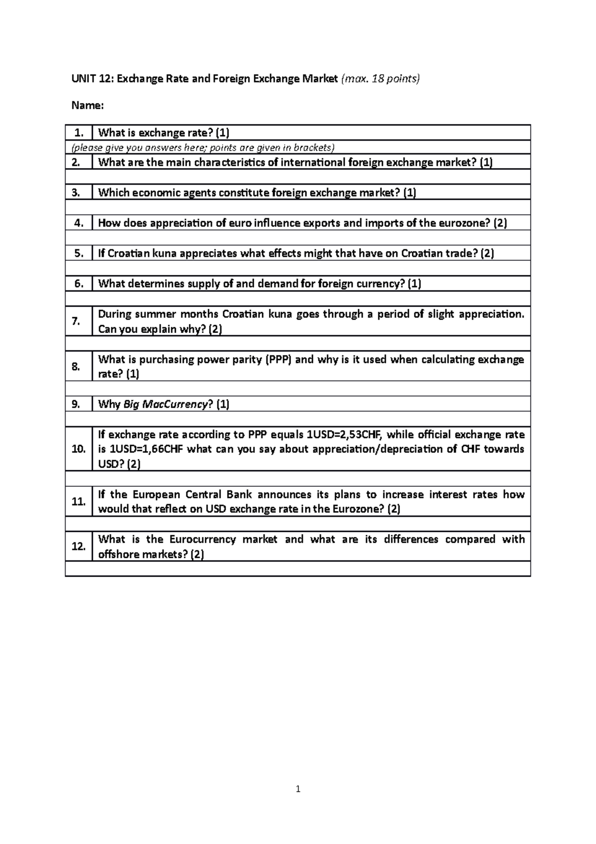 Assignment 12 - Exercises - UNIT 12: Exchange Rate and Foreign Exchange ...