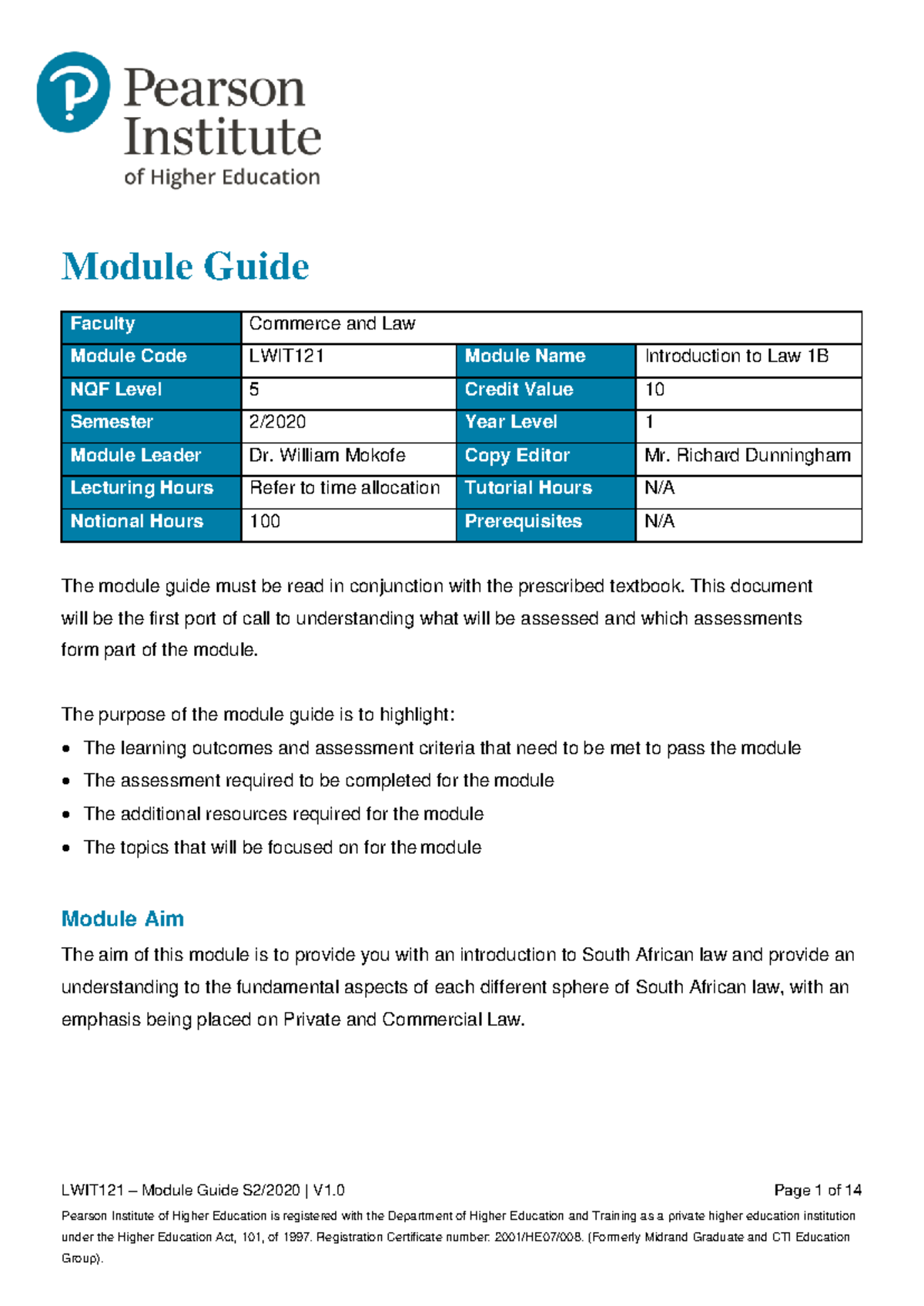 LWIT121 - Module Guide S2 2020 (V1 - LWIT121 – Module Guide S2/2020 ...