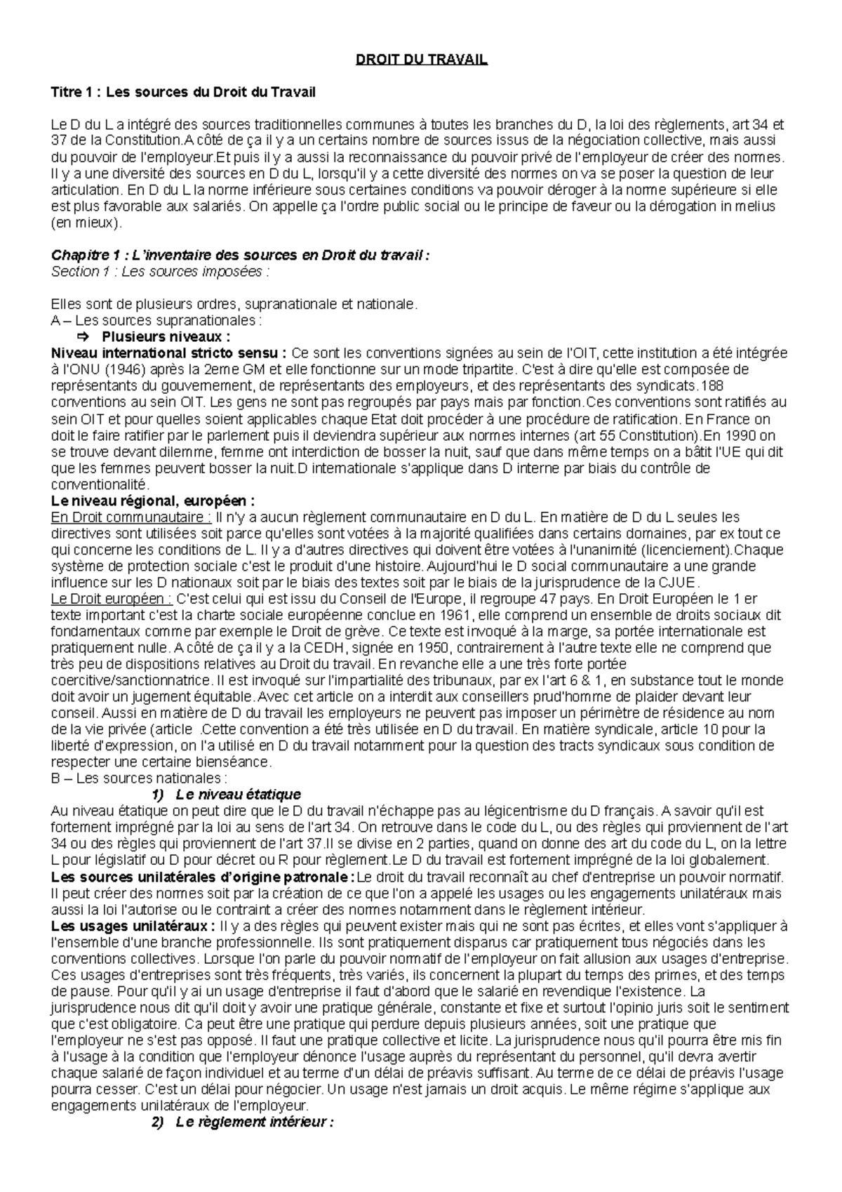 CM Droit Du Travail - DROIT DU TRAVAIL Titre 1 : Les Sources Du Droit ...