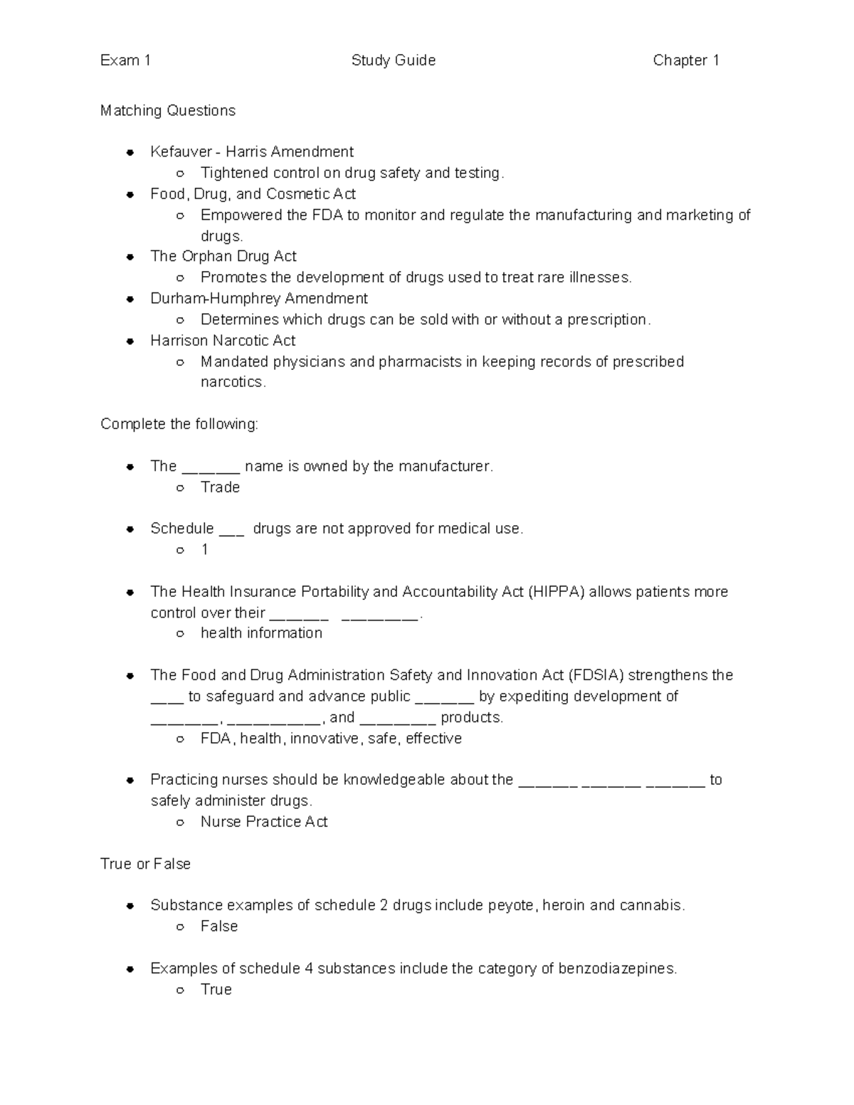 Pharmacology Ch 1 Book Study Guide - Exam 1 Study Guide Chapter 1 ...