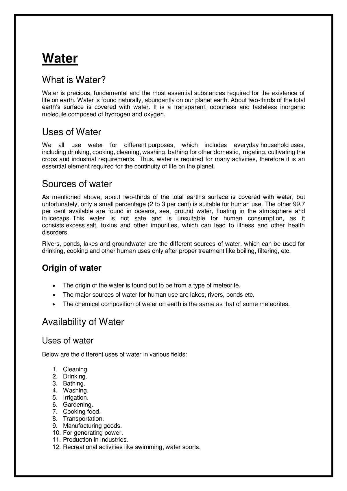 Water - Its a lecture note - Water What is Water? Water is precious ...