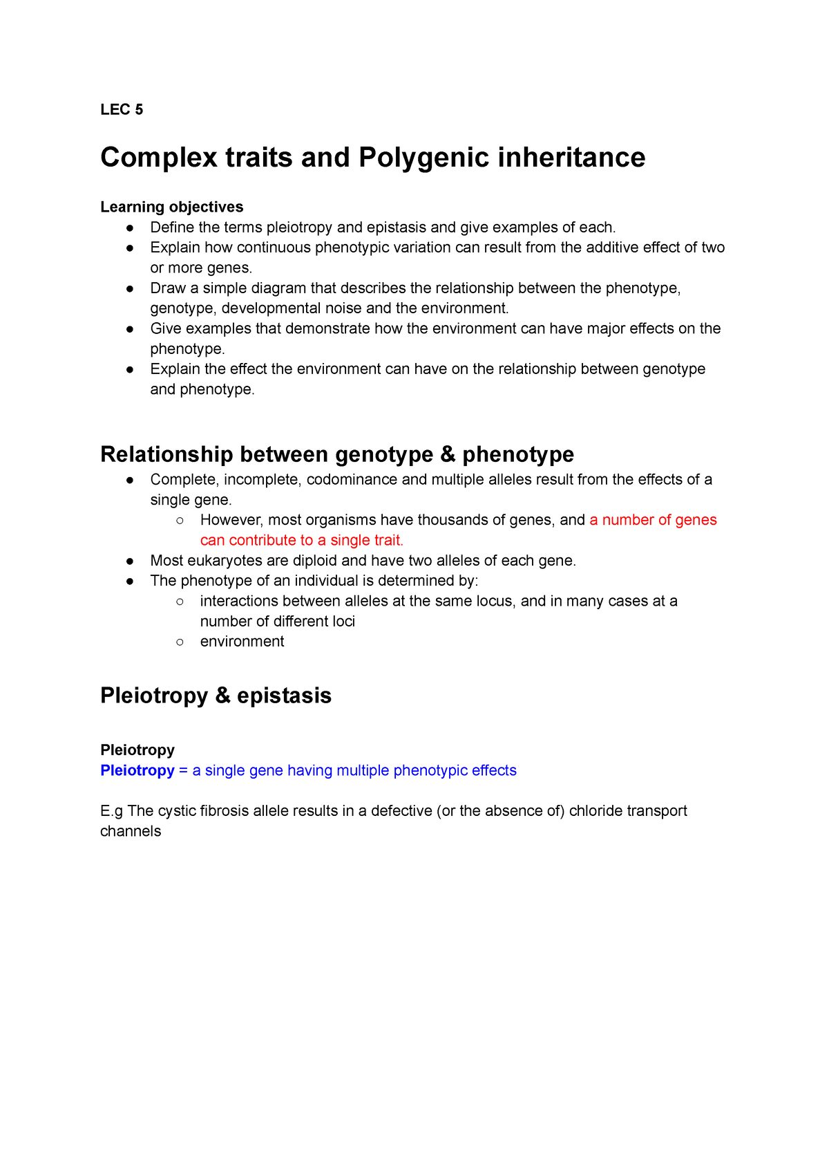 LEC 5 Complex Traits And Polygenic Inheritance - LEC 5 Complex Traits ...