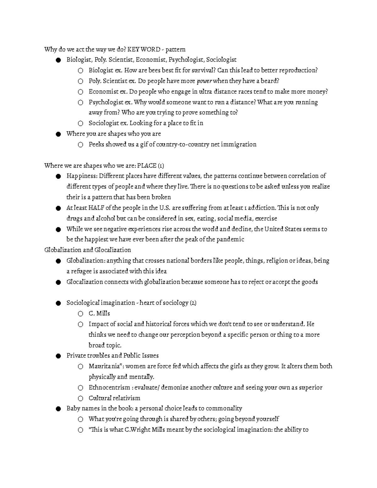 SOCI 110 First Exam - Why do we act the way we do? KEY WORD - pattern ...