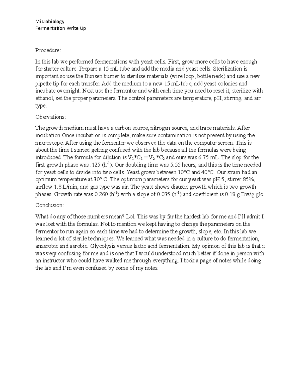 Fermentation Lab lab Microbiology Fermentaion Write Up Procedure