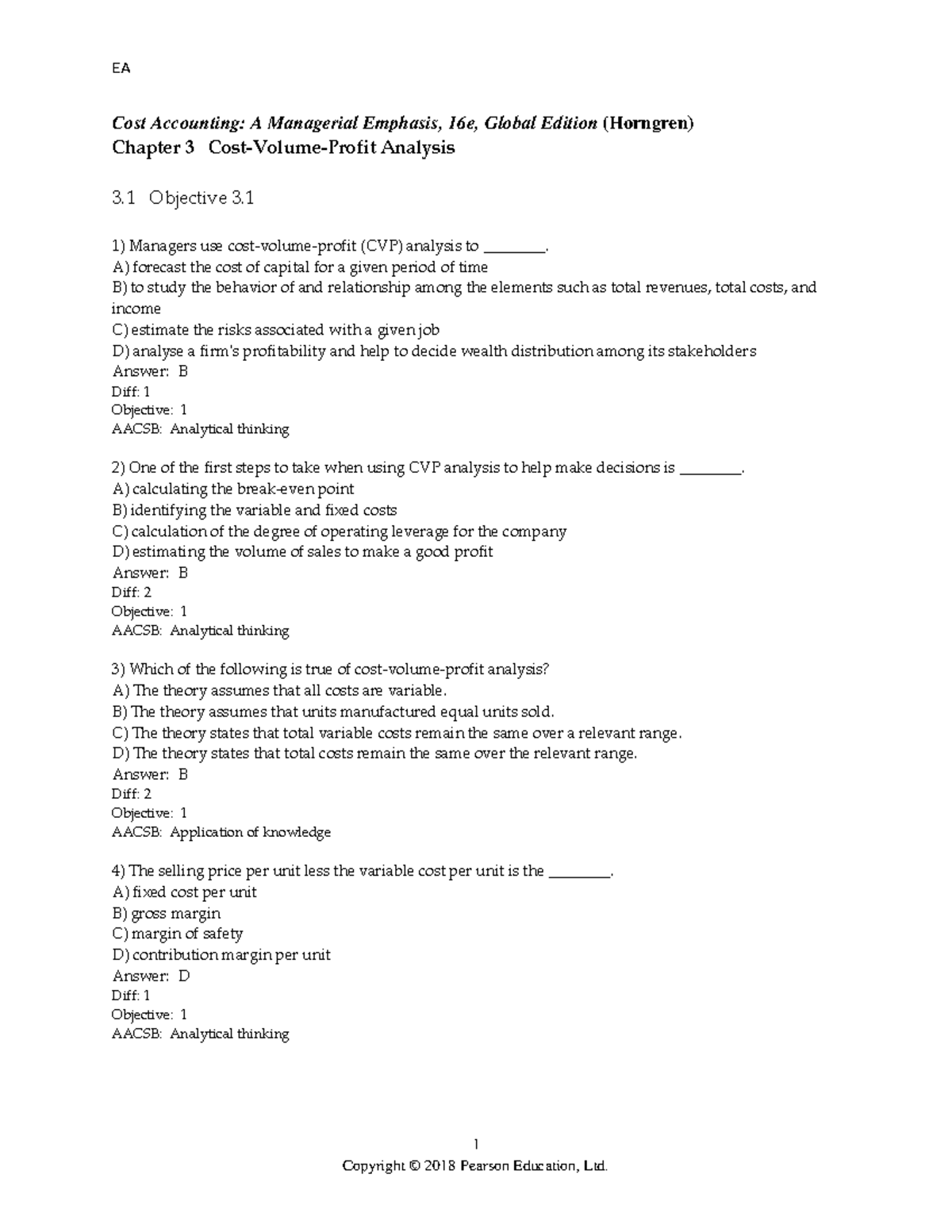 CVP Analysis Test Bank Chapter 3 1 Cost Accounting A Managerial 