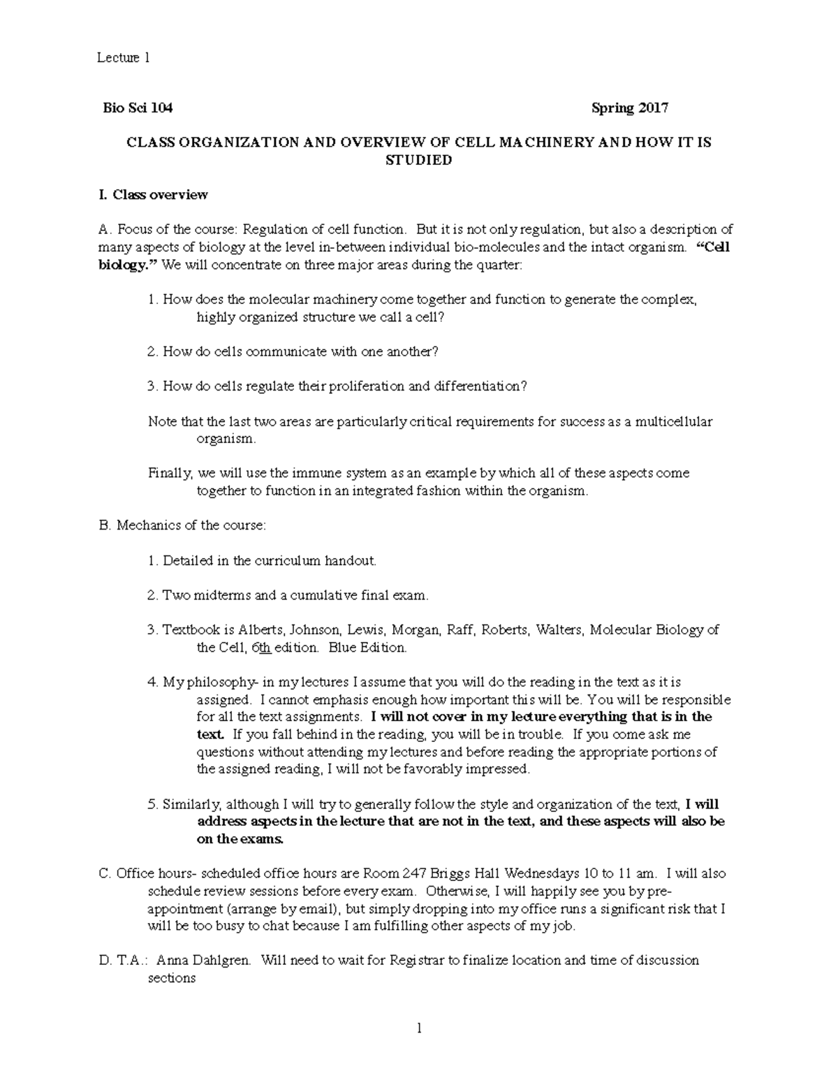 Lecture+1-2017 - Lecture notes 1 - Bio Sci 104 Spring 201 7 CLASS ...