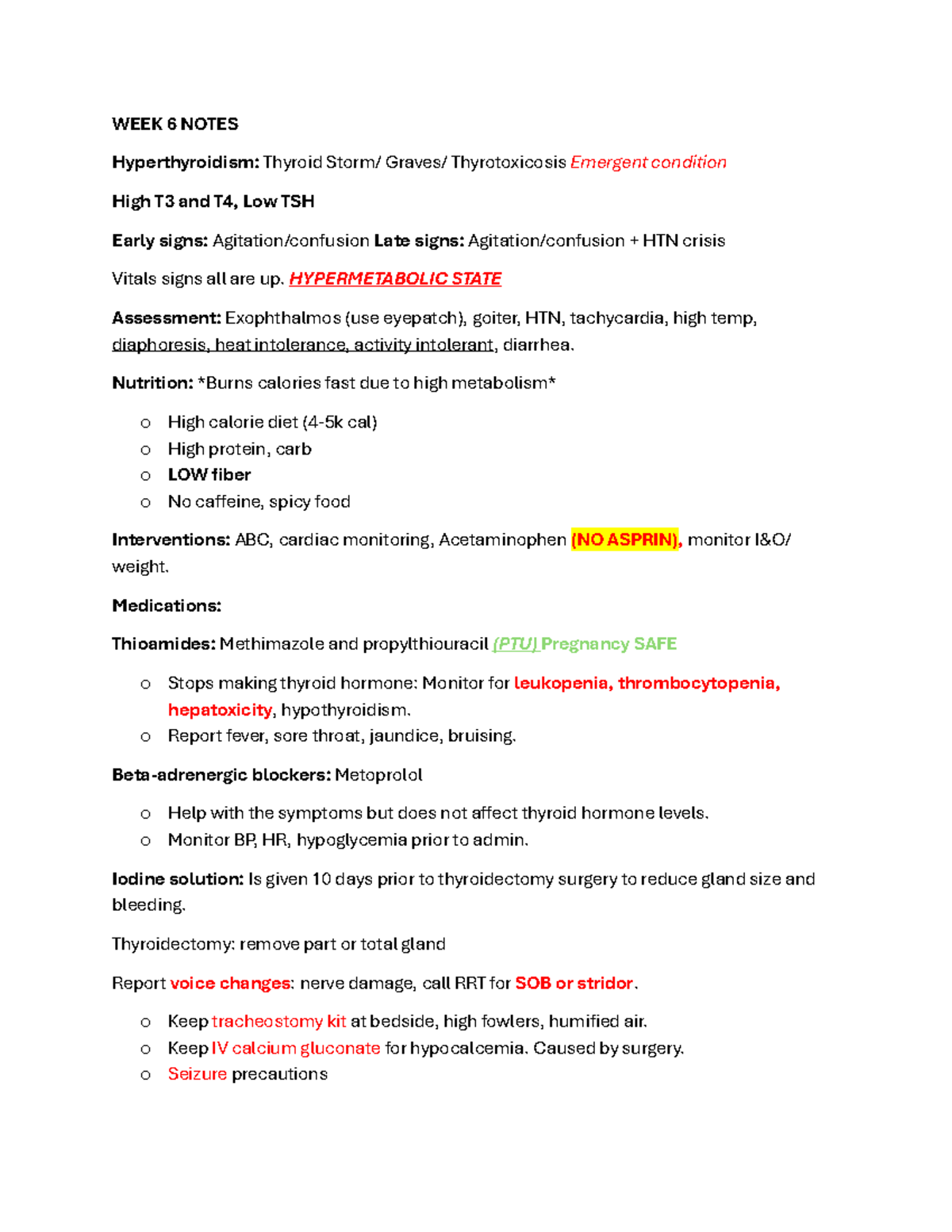 Week 6 WCU Lehr - WEEK 6 NOTES Hyperthyroidism: Thyroid Storm/ Graves ...