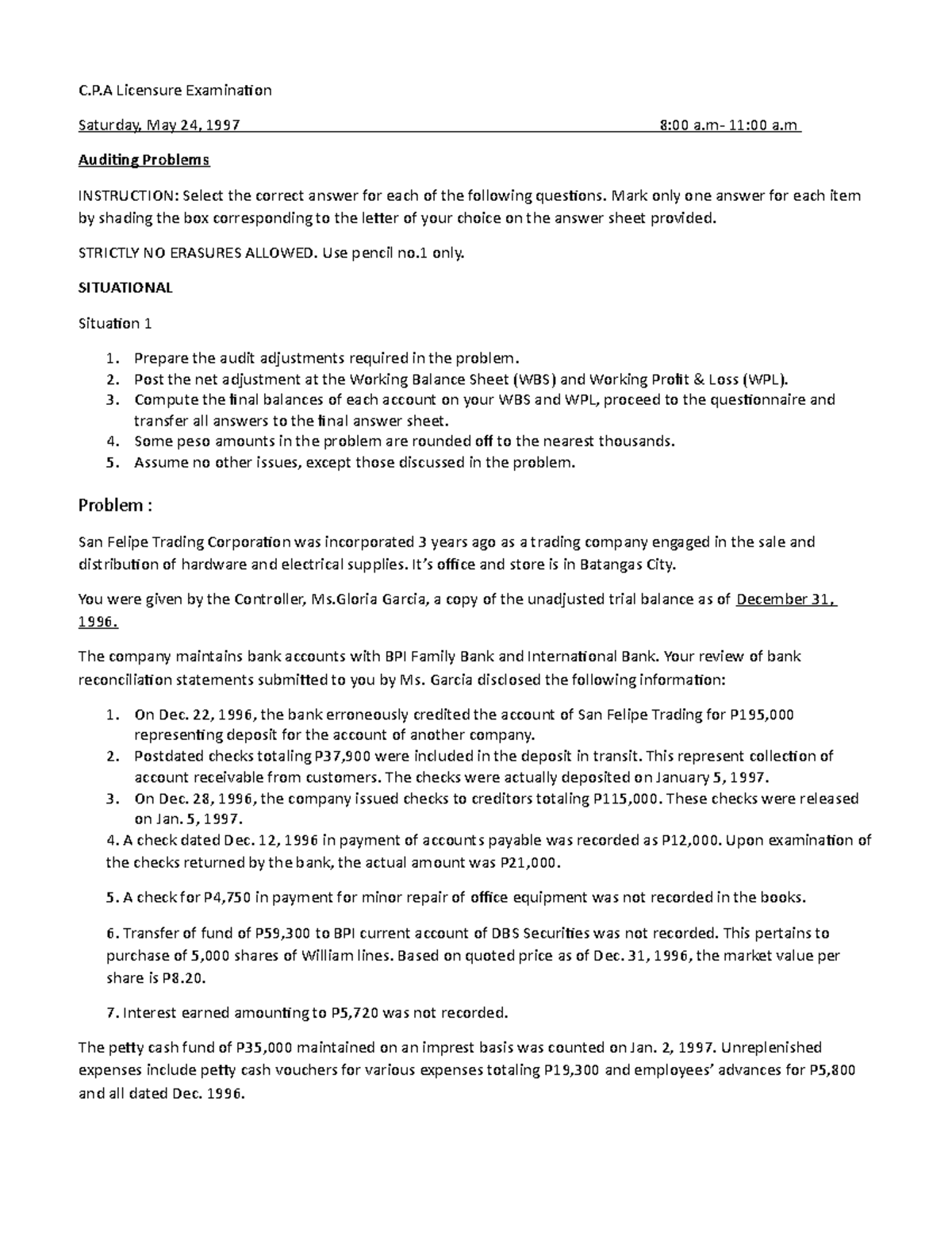 Auditing CPA Board May 97 - C.P Licensure Examination Saturday, May 24 ...