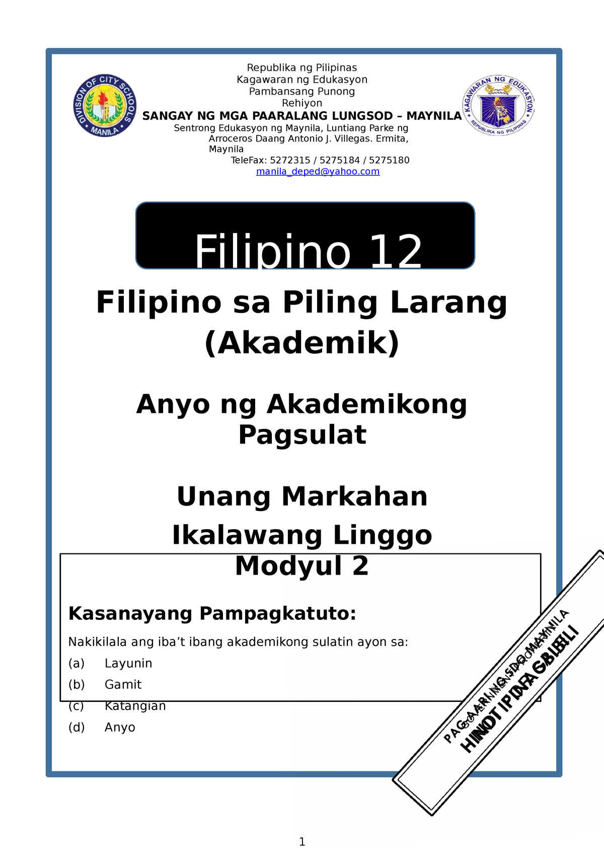 Filipino 12 Q1 Mod2 Akademik - Republika Ng Pilipinas Kagawaran Ng ...