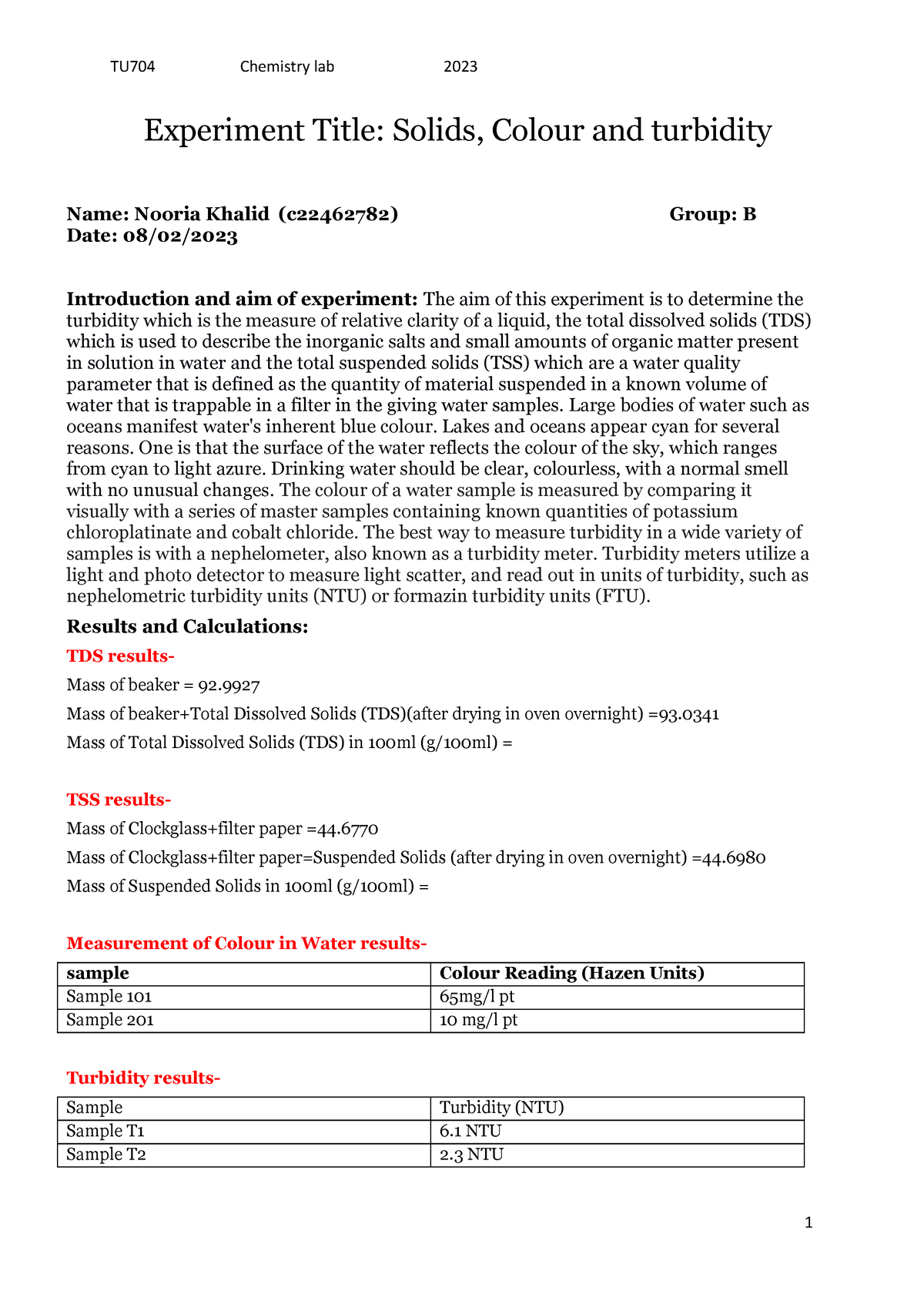 Turbidity experiment TU704 Chemistry lab 2023 Experiment Title