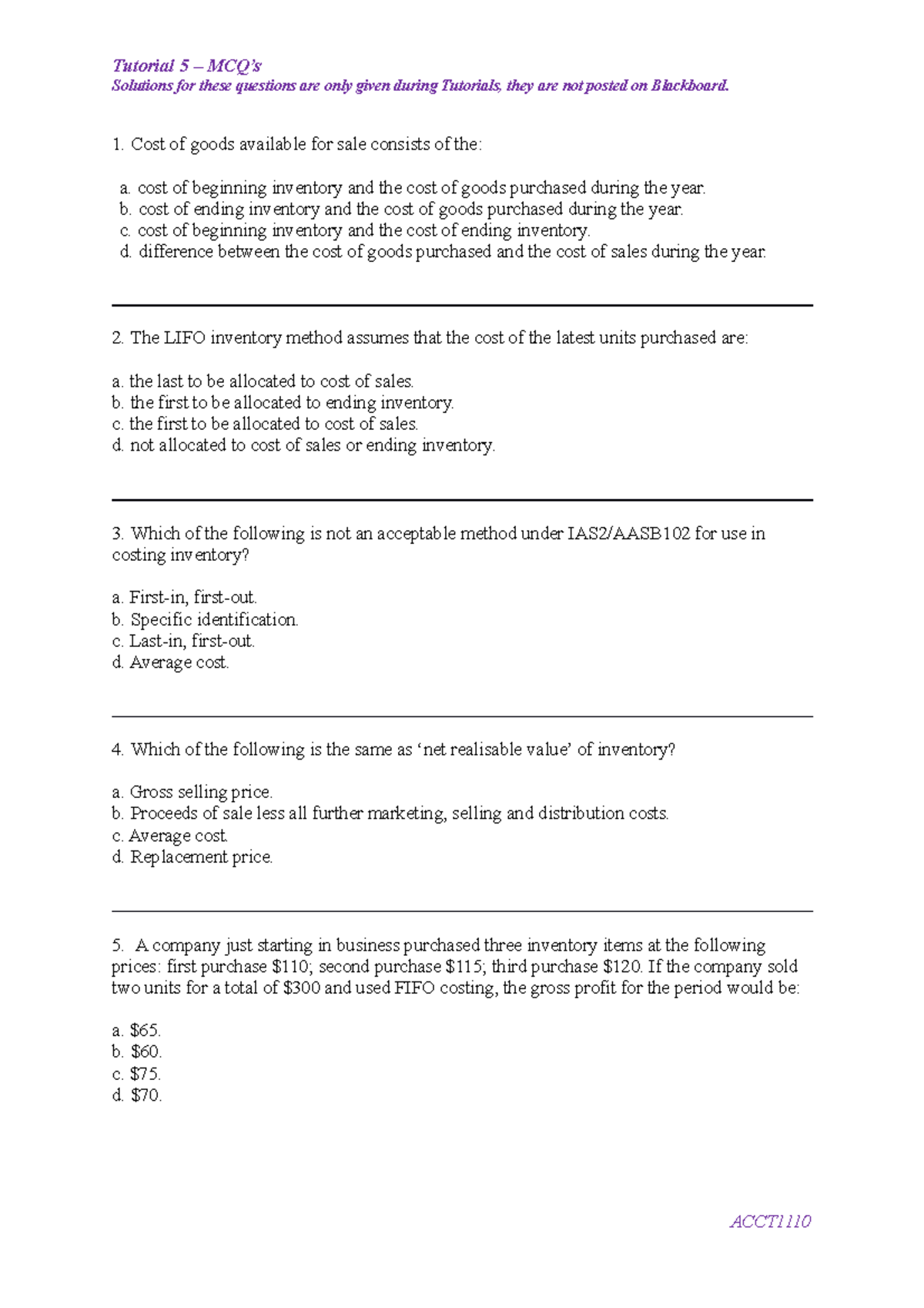 Tute 5 - MCQs For Students - Tutorial 5 – MCQ’s Solutions For These ...