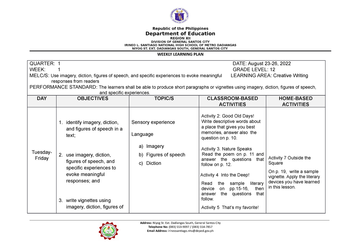 creative writing weekly learning plan