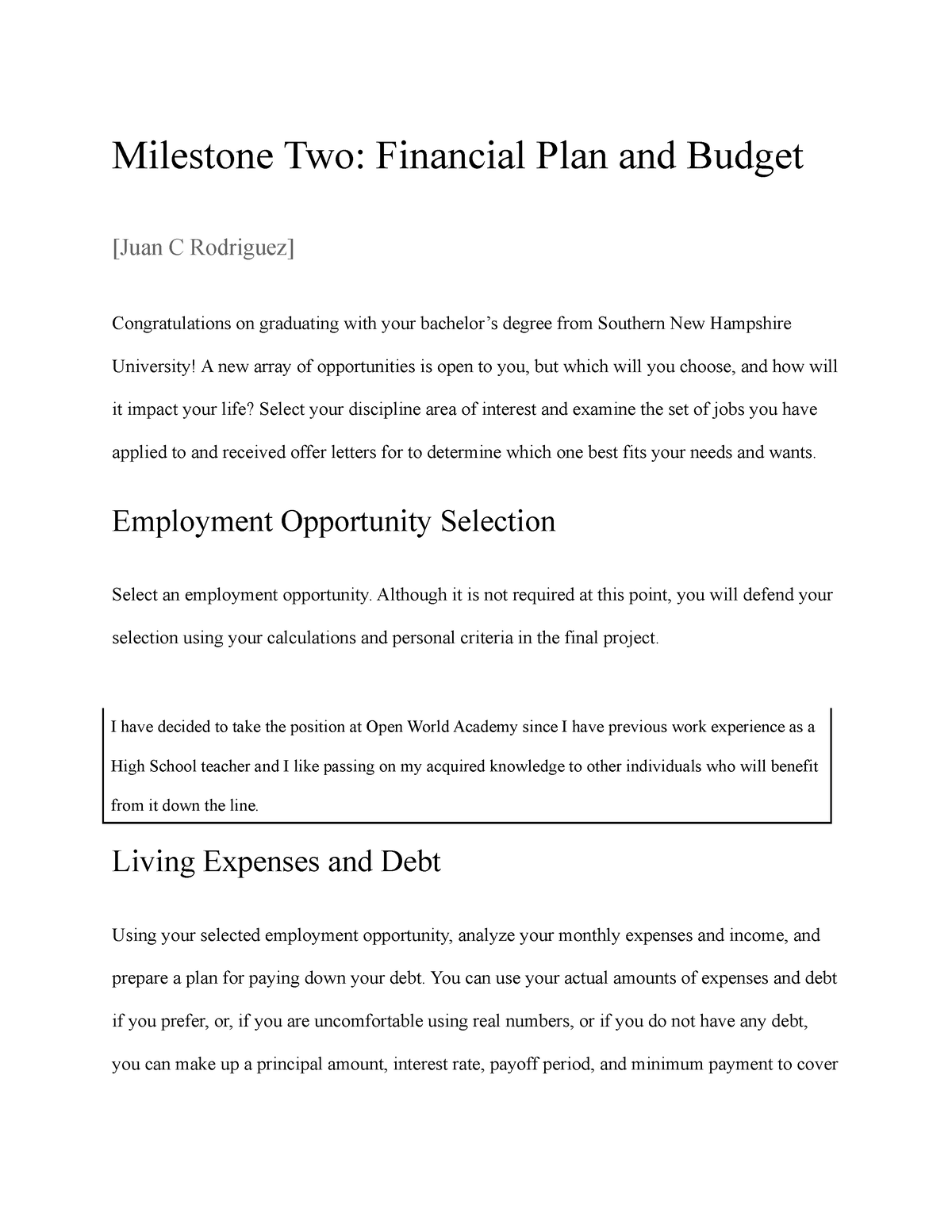 Financial Plan and Budget for Employment Opportunity at Open World ...