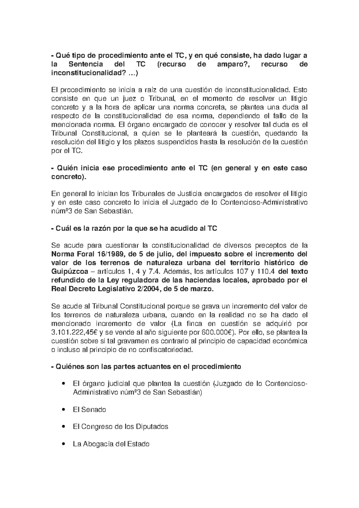 Preguntas Sentencia 1 - Qué Tipo De Procedimiento Ante El TC, Y En Qué ...