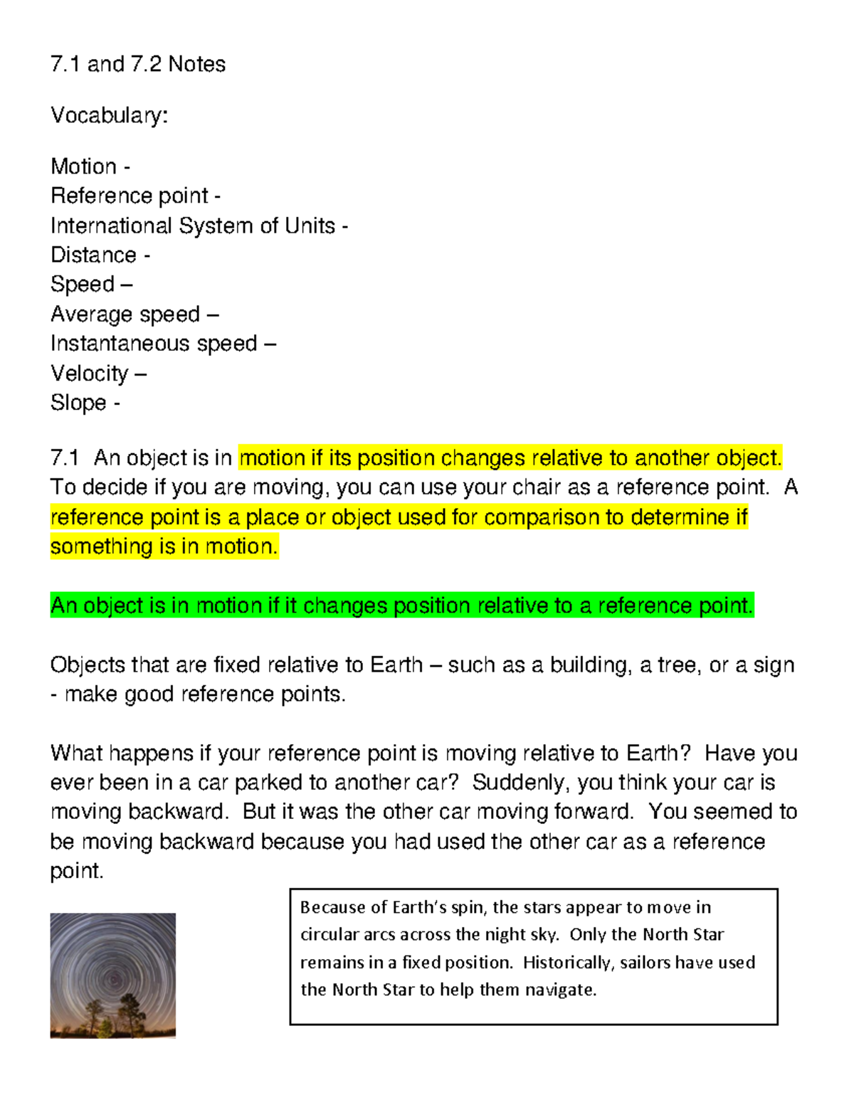 7.1 and 7.2 Motion Speed - 7 and 7 Notes Vocabulary: Motion - Reference ...