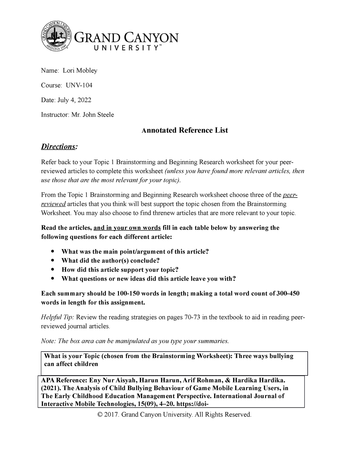 reading strategies and annotated reference list assignment