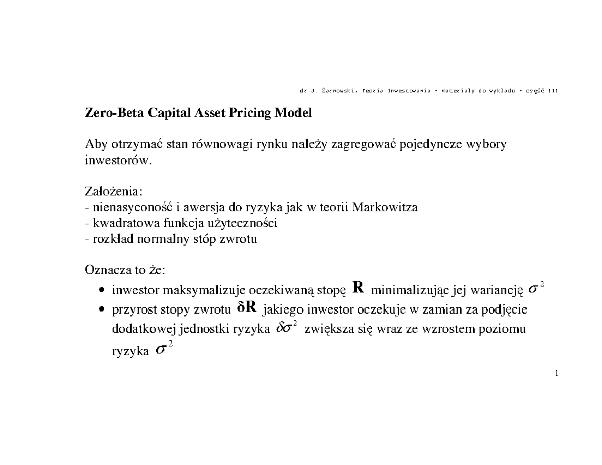 Zpi Mat Obowiazkowy Capm Zero Beta Capital Asset Pricing Model Aby Otrzyma Stan R Wnowagi