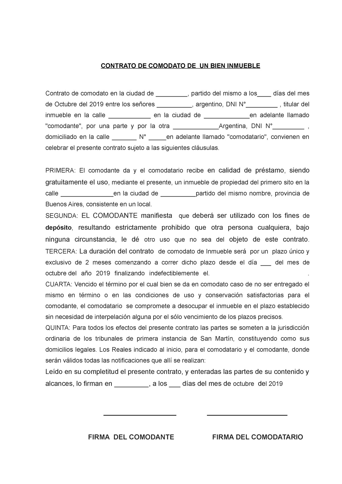 Formato-Contrato-de-Comodato de un bien inmueble - CONTRATO DE COMODATO DE  UN BIEN INMUEBLE Contrato - Studocu