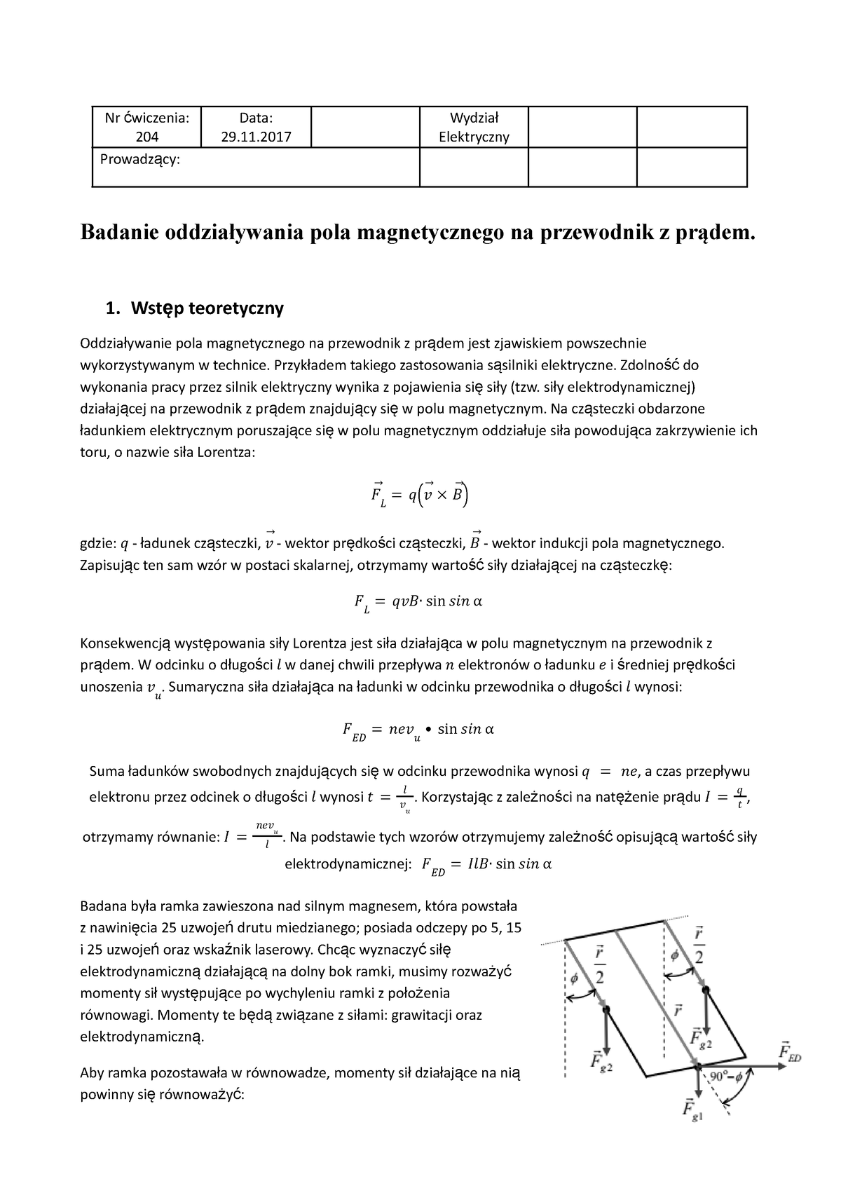 [204] Badanie Oddziaływania Pola Magnetycznego Na Przewodnik Z Prądem ...