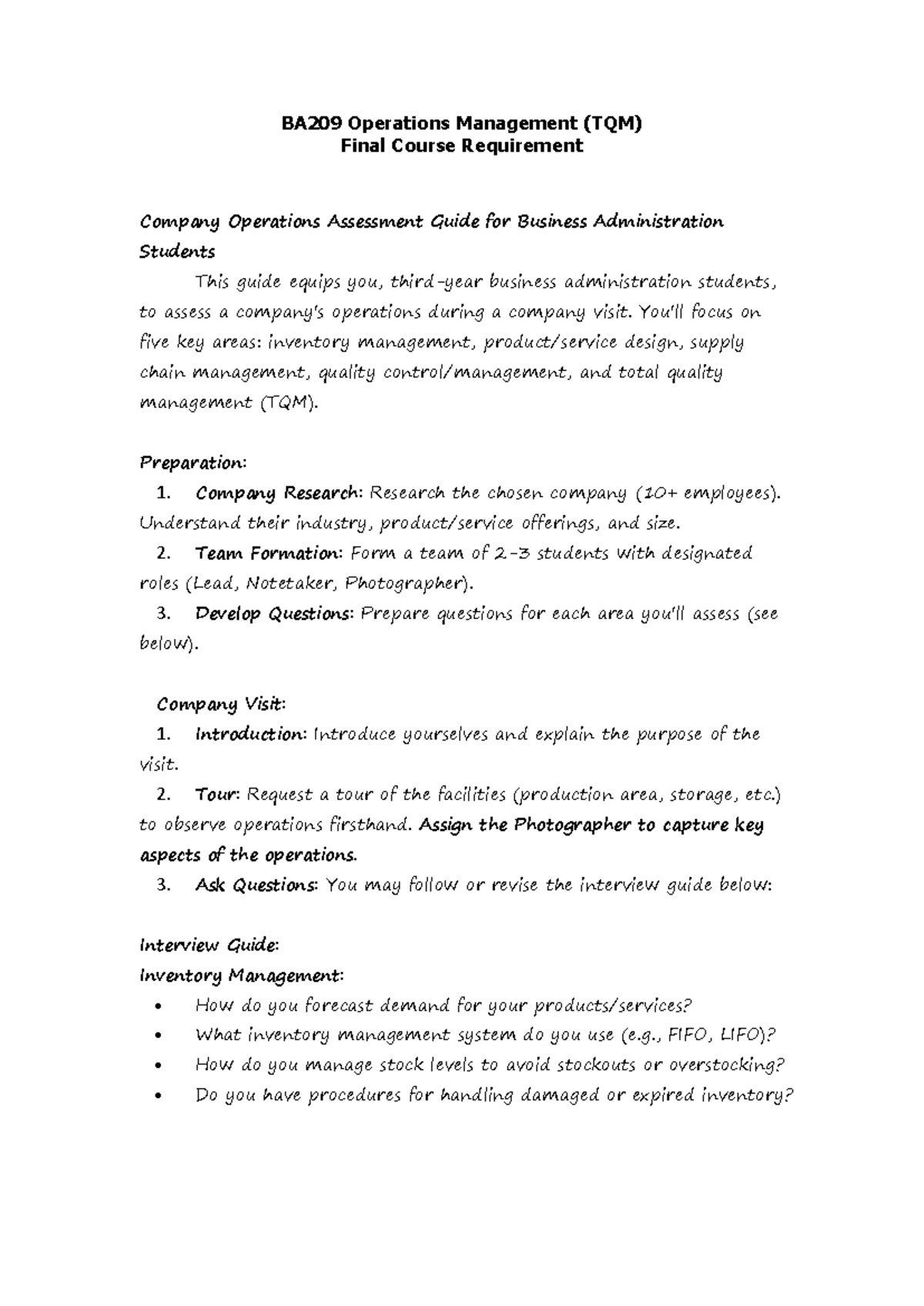 Alternative-company-tour - BA209 Operations Management (TQM) Final ...