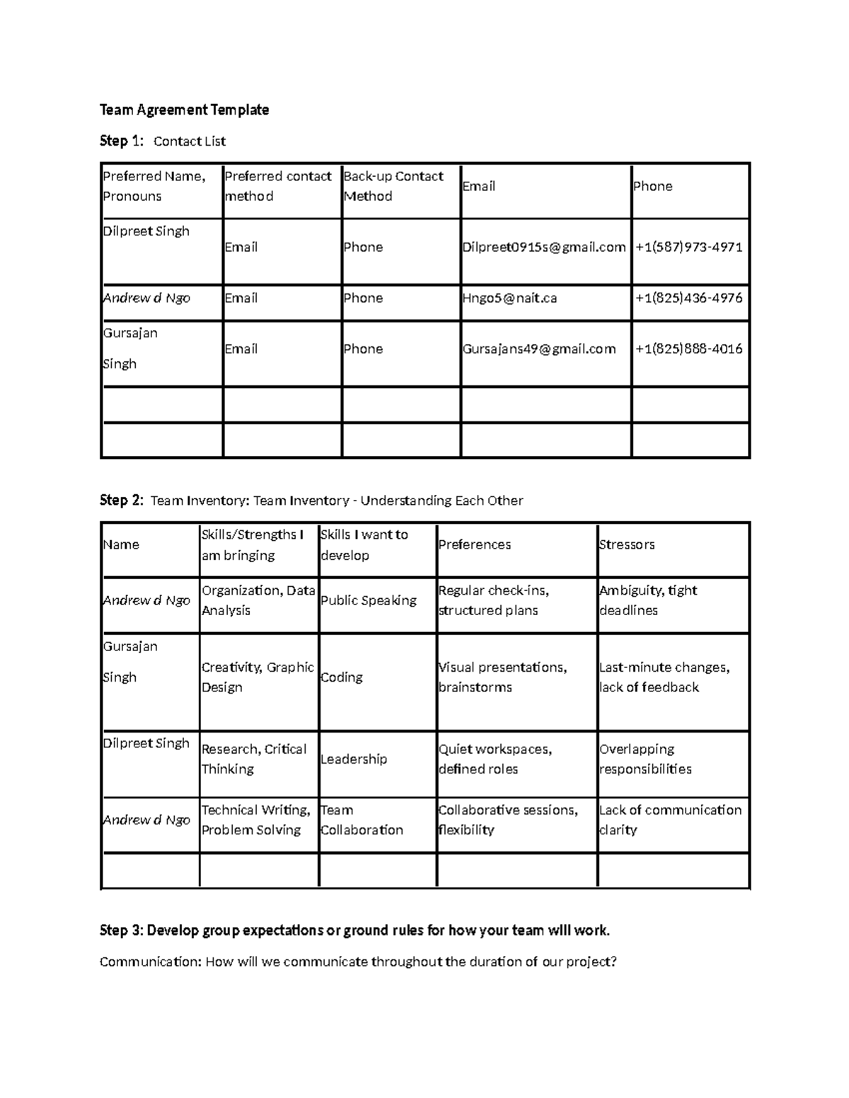 Team Agreement Template (1) - Team Agreement Template Step 1: Contact ...