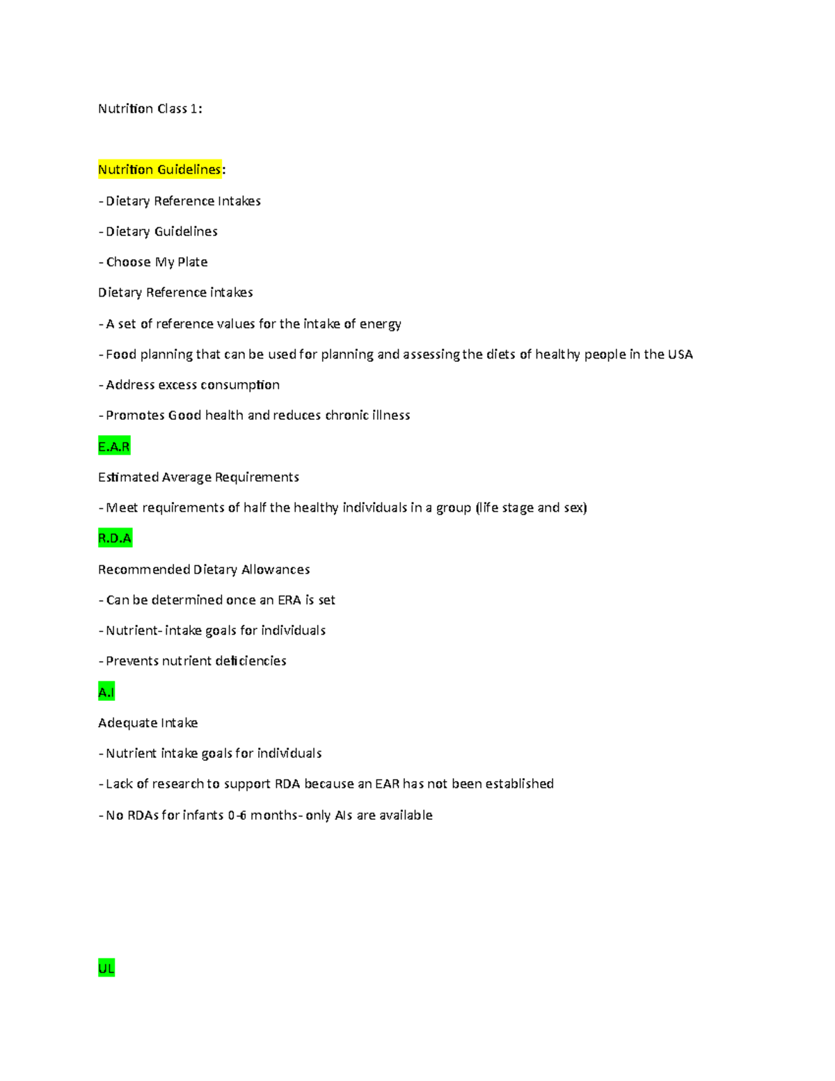Nutrition Class Notes Class 1 - Nutrition Class 1: Nutrition Guidelines ...