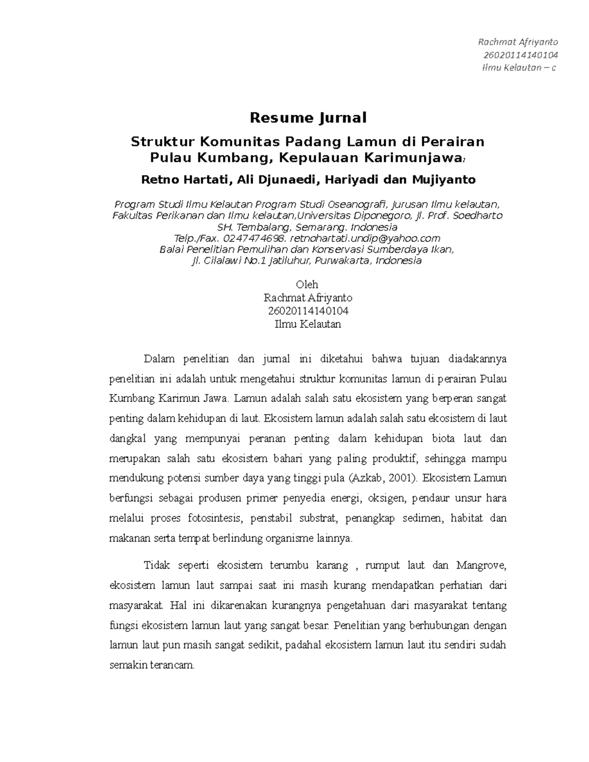 Resume Jurnal Ilmu Kelautan Struktur Komunitas Padang Lamun Di Studocu