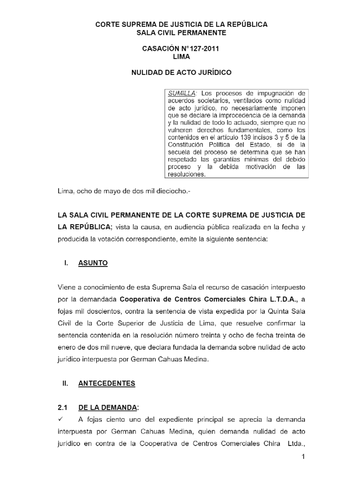 Decisión de Corte Suprema de Justicia - Sala Civil Permanente de 08 05 ...