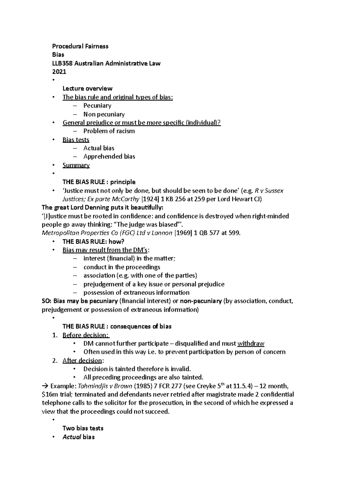 Procedural Fairness - the Bias Rule - Procedural Fairness Bias LLB358 ...