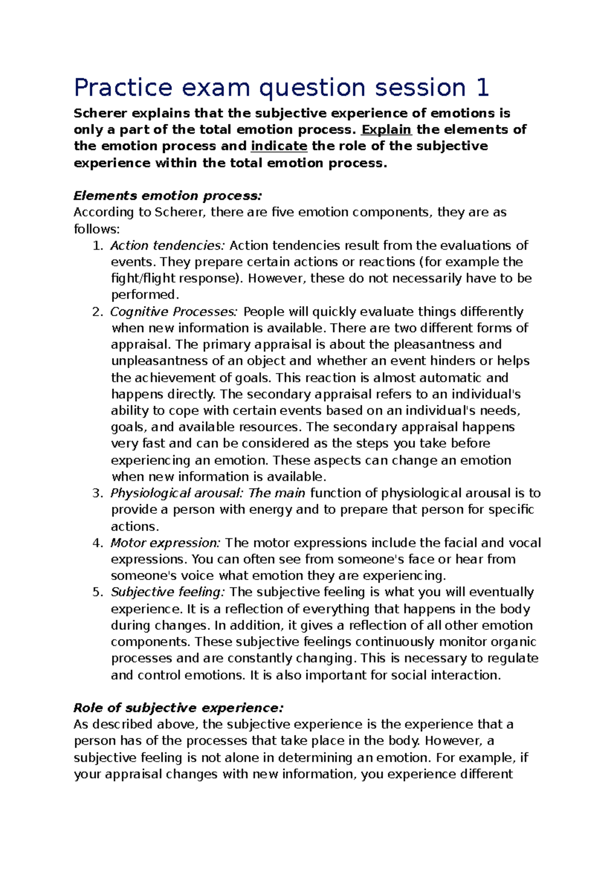 Practice exam question session 1 - Explain the elements of the emotion ...