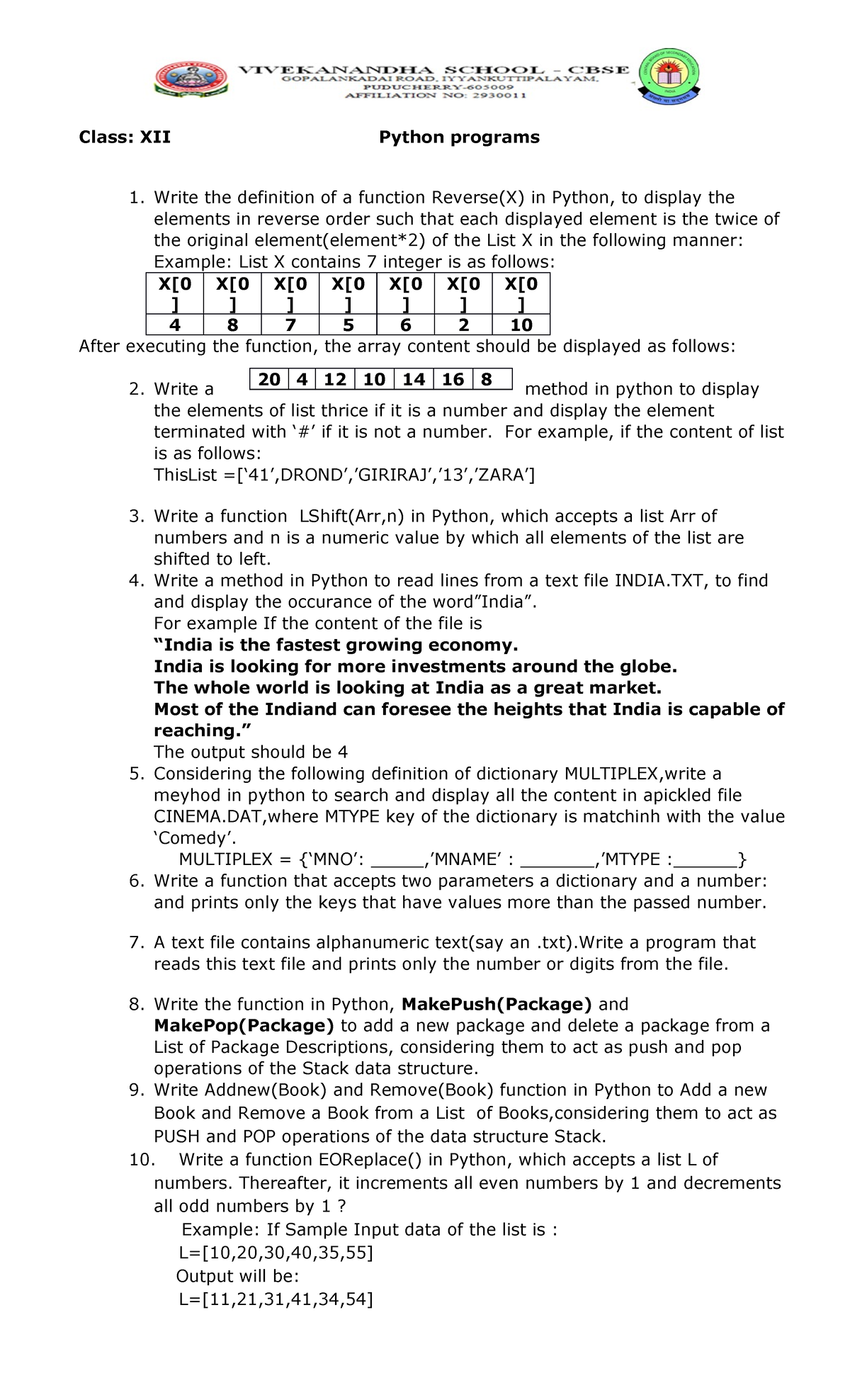Programs question - Class: XII Python programs 1. Write the definition ...