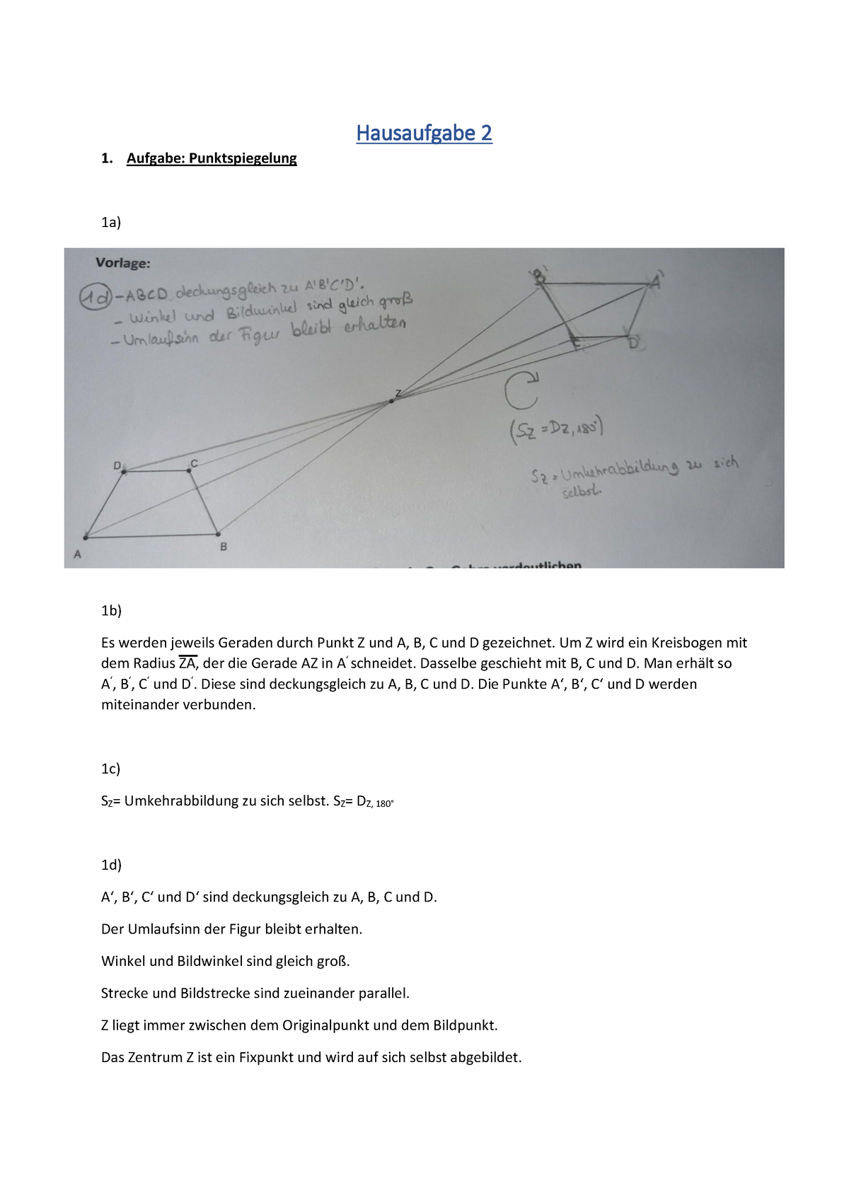 Hausaufgabe 2 Geometrie - Hausaufgabe 2 1. Aufgabe: Punktspiegelung 1a ...