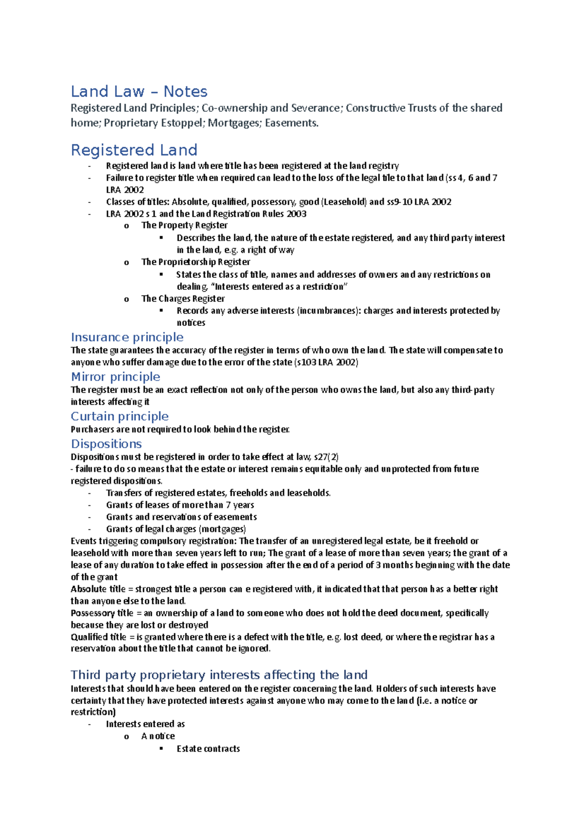 Notes Land Law Land Law Notes Registered Land Principles; Coownership and Severance