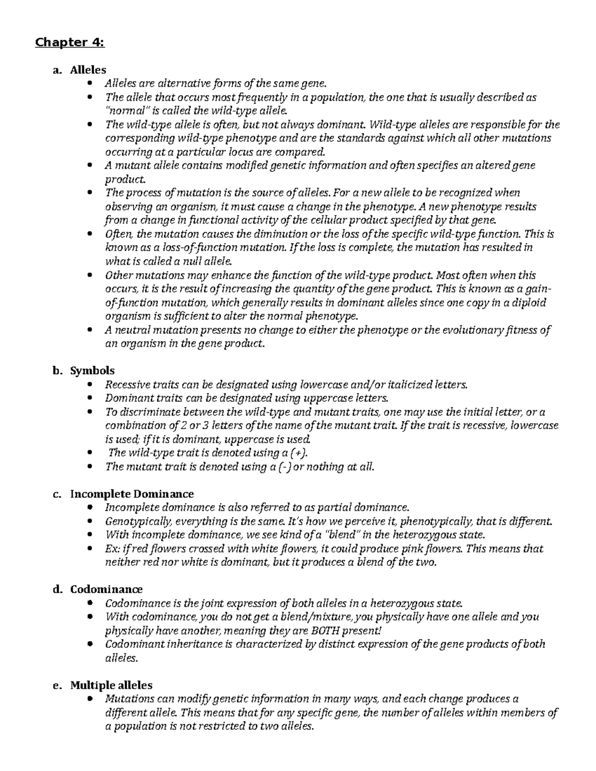 Exam 1 chapter 4 genetics study guide - Chapter 4: a. Alleles Alleles ...