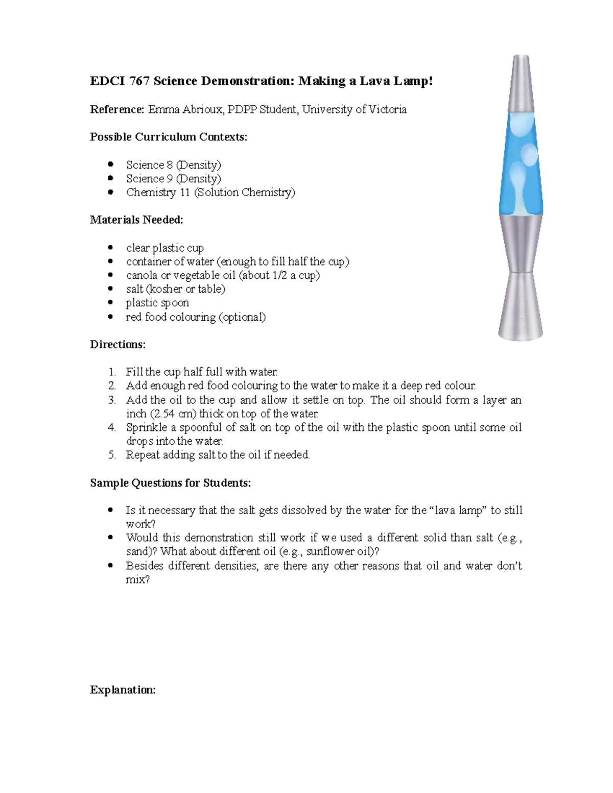 Lava lamp demo Proven Demonstrations EDCI 767 Science Demonstration