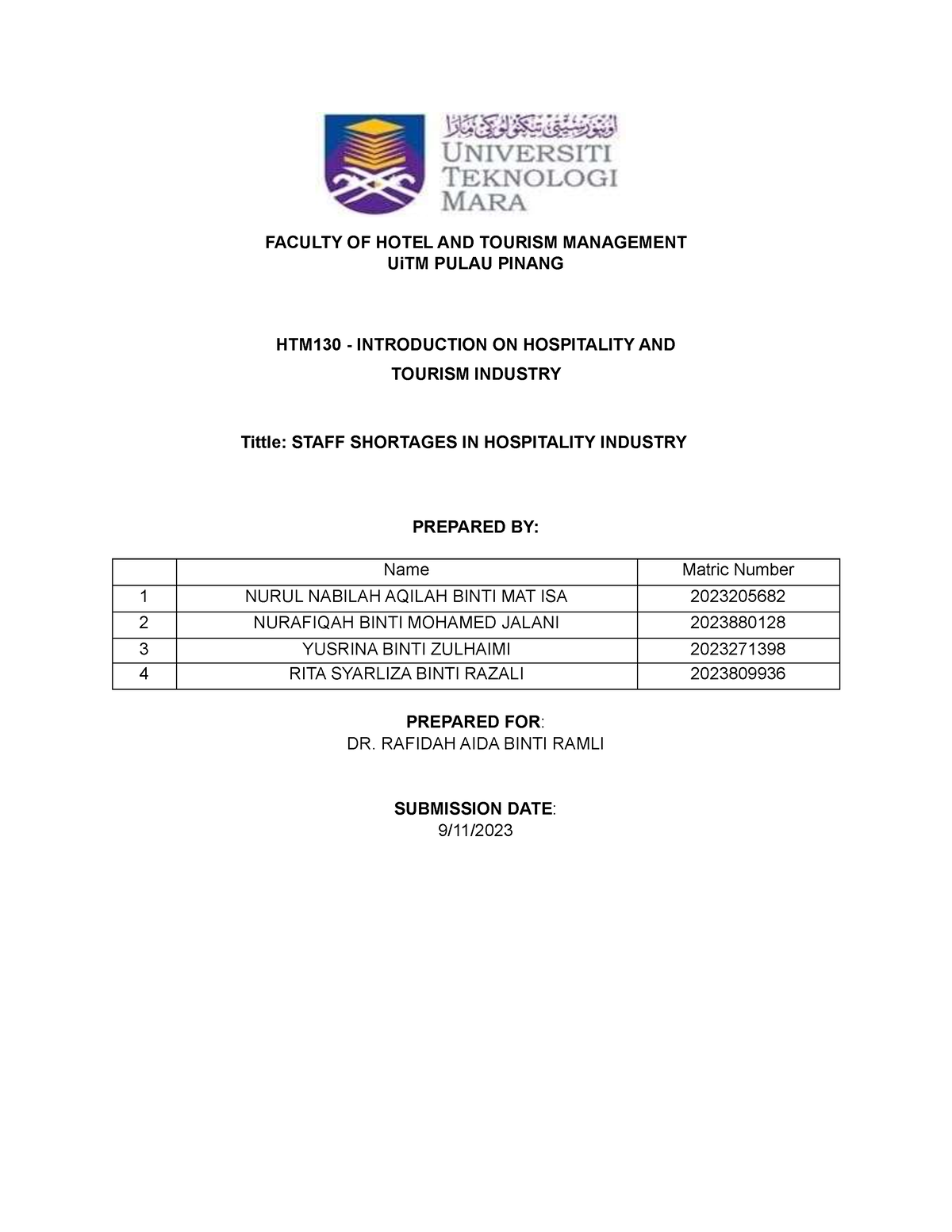 hotel and tourism management uitm