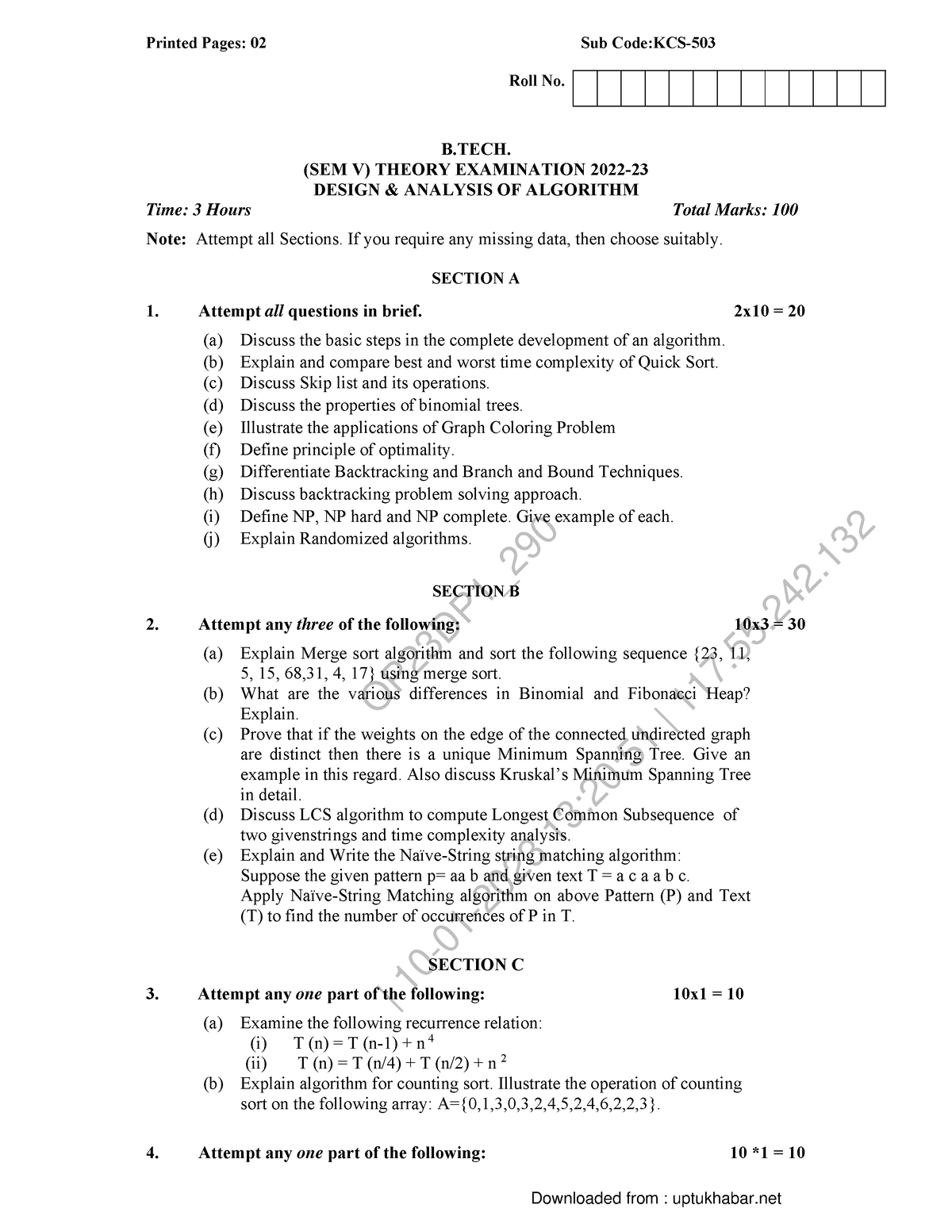 Design Analysis OF Algorithm KCS503 2022 - QP23DP1_ | 10-01-2023 13:20: ...