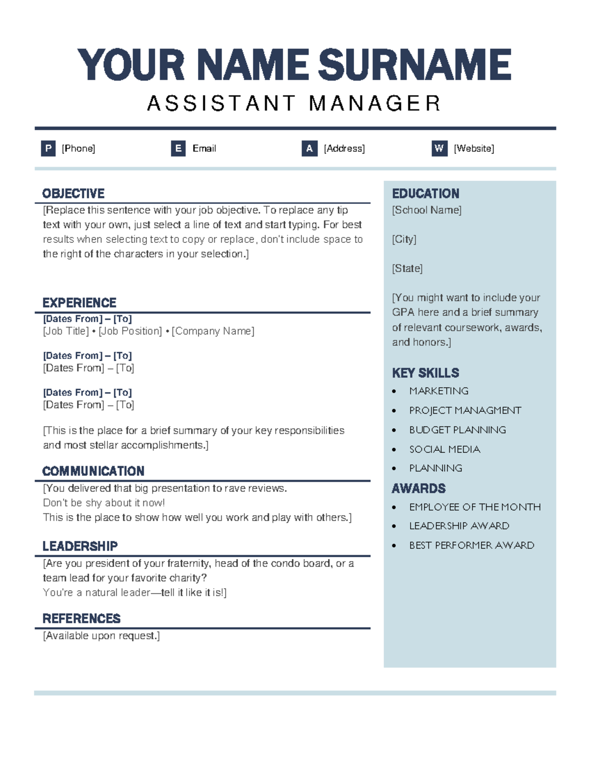 Organized modern resume - YOUR NAME SURNAME A S S I S T A N T M A N A G ...