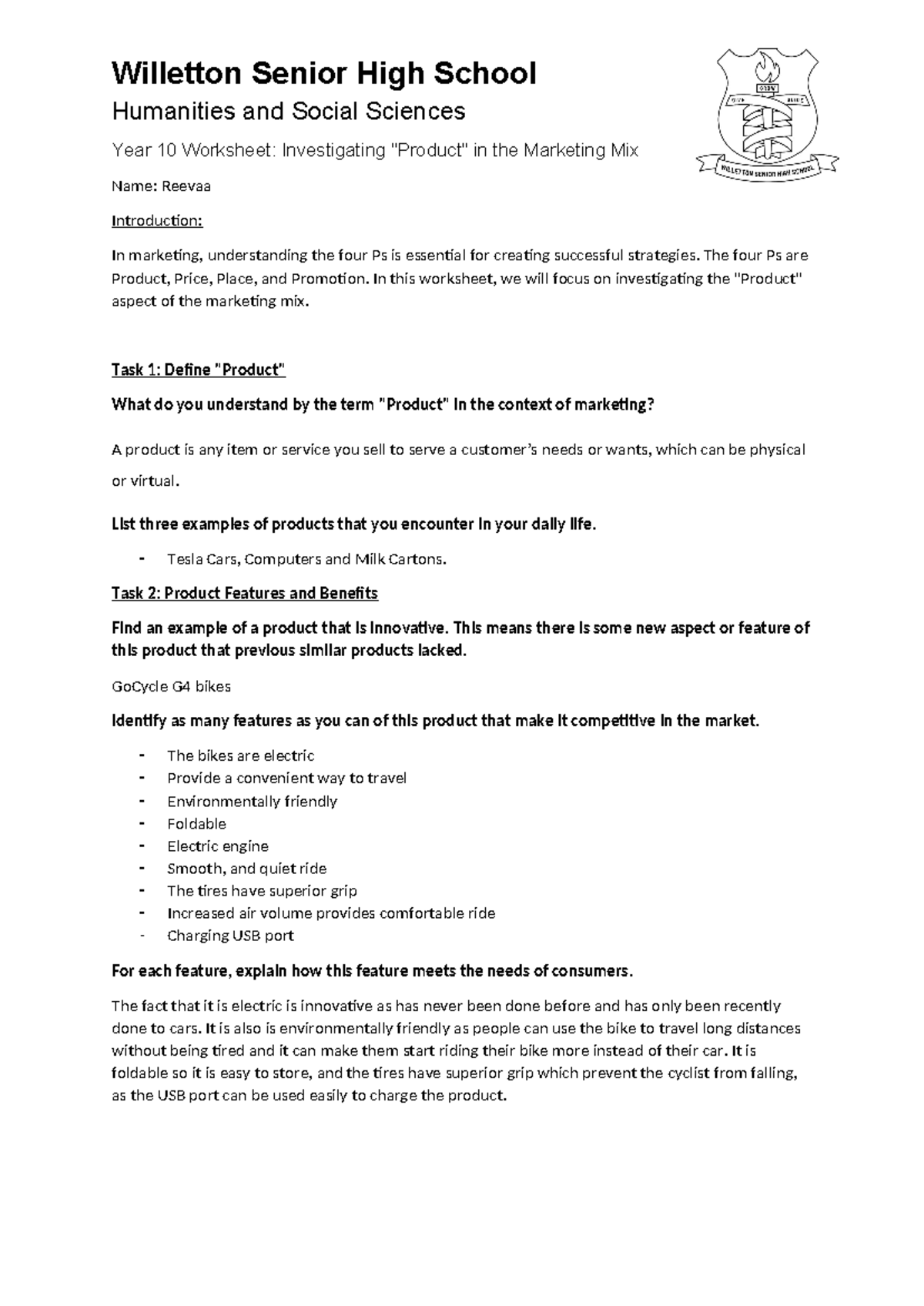 2024 Markeing Mix Product Worksheet - Willetton Senior High School ...